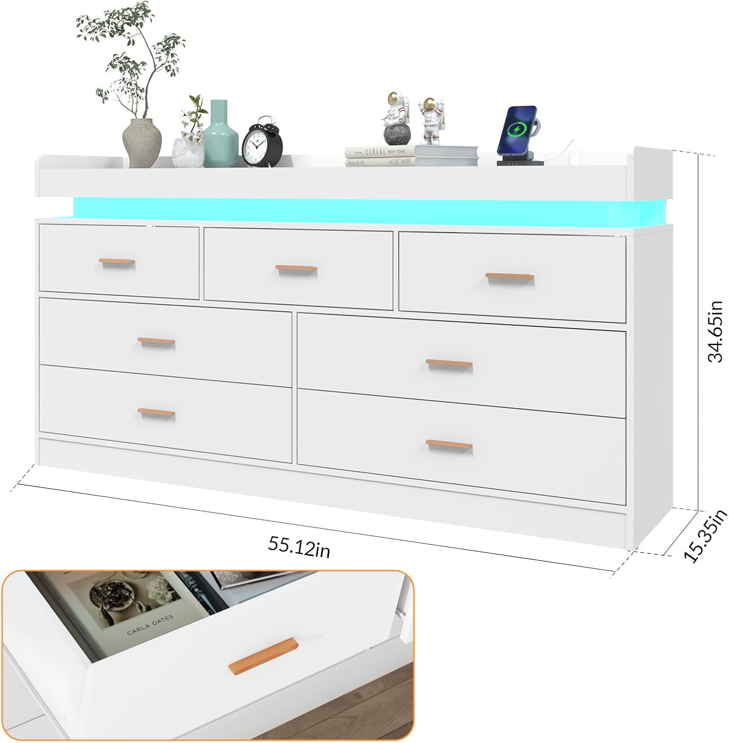 ChVans White Dresser with LED Light and Charging Station, Modern Wood Dresser with Wide Drawers and Metal Handles, 7 drawer dresser for Bedroom, Living Room, Entryway, Hallway