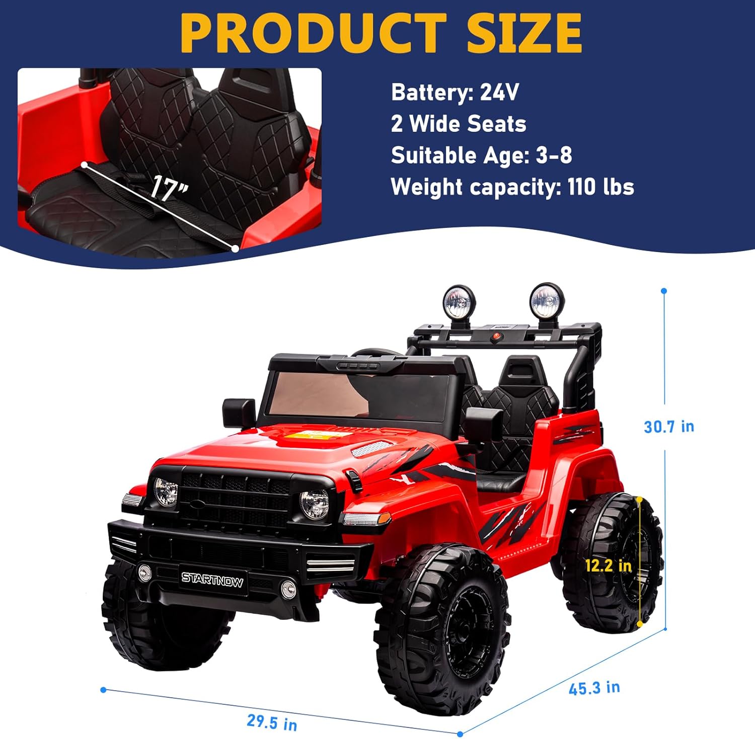 24 Volt Kids Electric Car Kids Ride On Car with Remote Control, 2-Seater Battery Powered Toy Car with LED Lights, Wheels Suspension, Music, Horn, 110 lbs Load