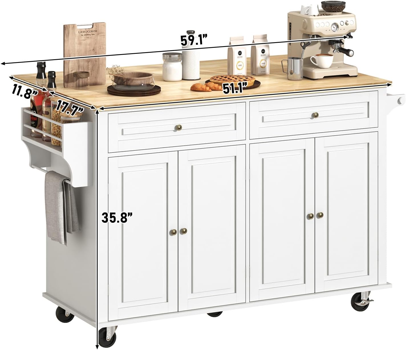 ChVans 59" W Kitchen Island with Drop Leaf, Rolling Kitchen Cart with Storage on Wheels, Large Island Table for Kitchen with Rubber Wood Top and Rack and Drawer