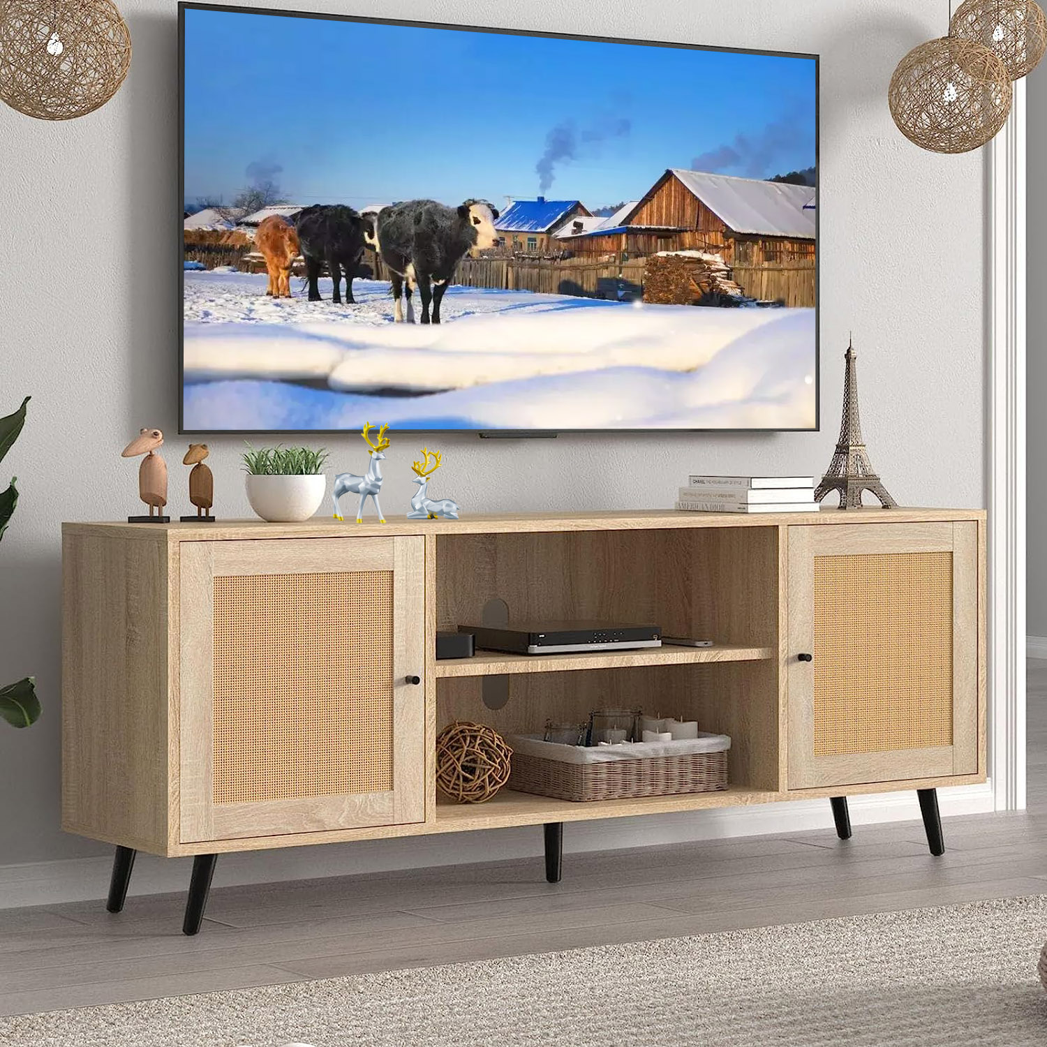 ChVans Rattan 68" TV Stand Media Console up to 75 inch TV, Mid Century Modern Entertainment Center Large Boho elevision Stand for Living Room