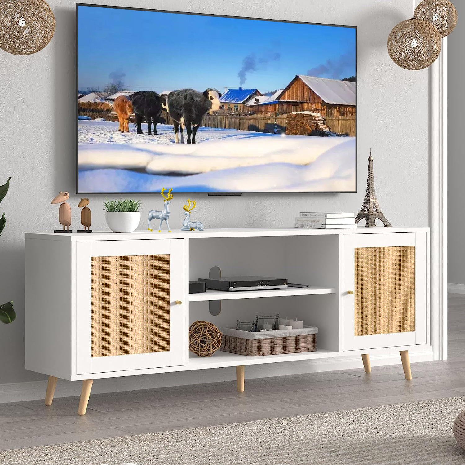 ChVans Rattan 68" TV Stand Media Console up to 75 inch TV, Mid Century Modern Entertainment Center Large Boho elevision Stand for Living Room