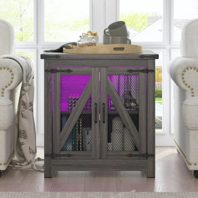 Farmhouse End Table, 24" Large Sofa Side Table with LED Lights & Charging Station, Mesh Barn Door, and Adjustable Storage Shelf, Rustic Wood Square Nightstand for Living Room, Bedroom, Office