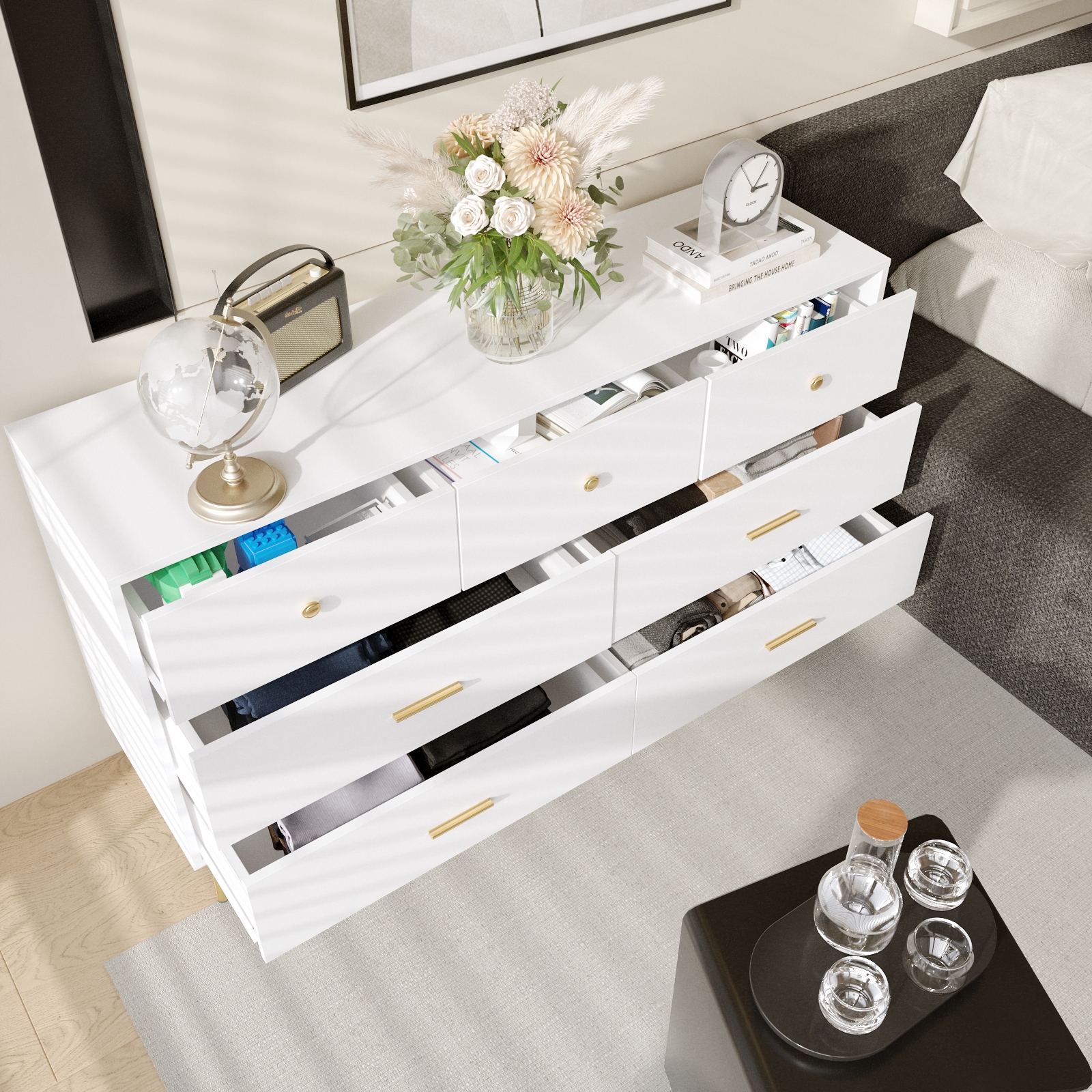 6 Drawer Dresser for Bedroom, Modern Wood Dresser with Wide Drawers and Metal Handles, Storage Chest of Drawers for Living Room Hallway Entryway