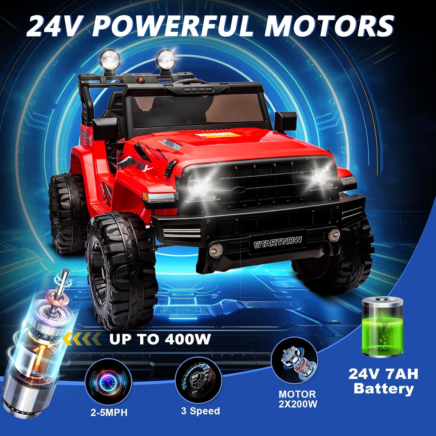 24 Volt Kids Electric Car Kids Ride On Car with Remote Control, 2-Seater Battery Powered Toy Car with LED Lights, Wheels Suspension, Music, Horn, 110 lbs Load