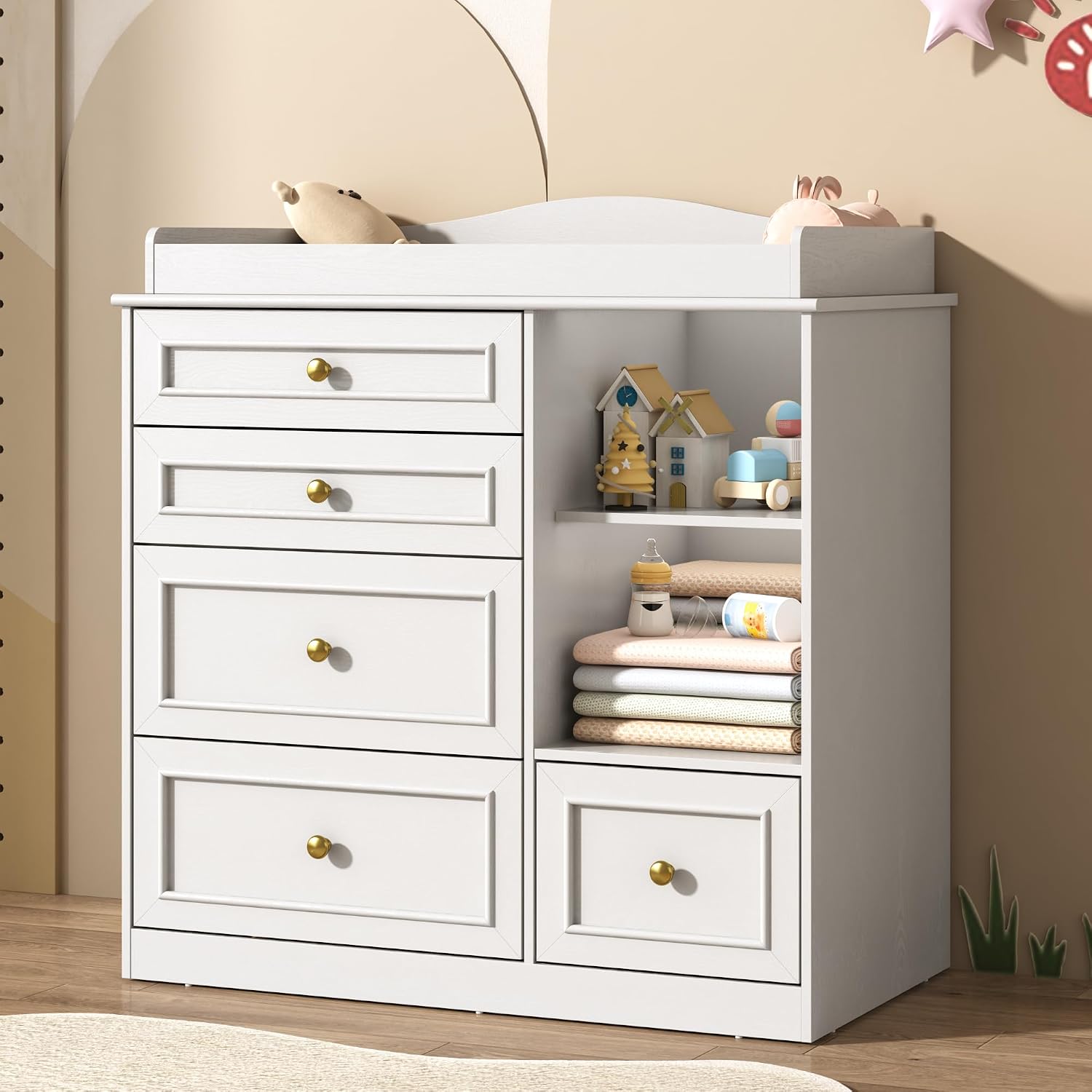 ChVans Changing Table Dresser, Baby Classic Nursery Dresser with 5 Drawers & Open Storage Shelves, Convertible Nursery Dresser Chest of Drawers