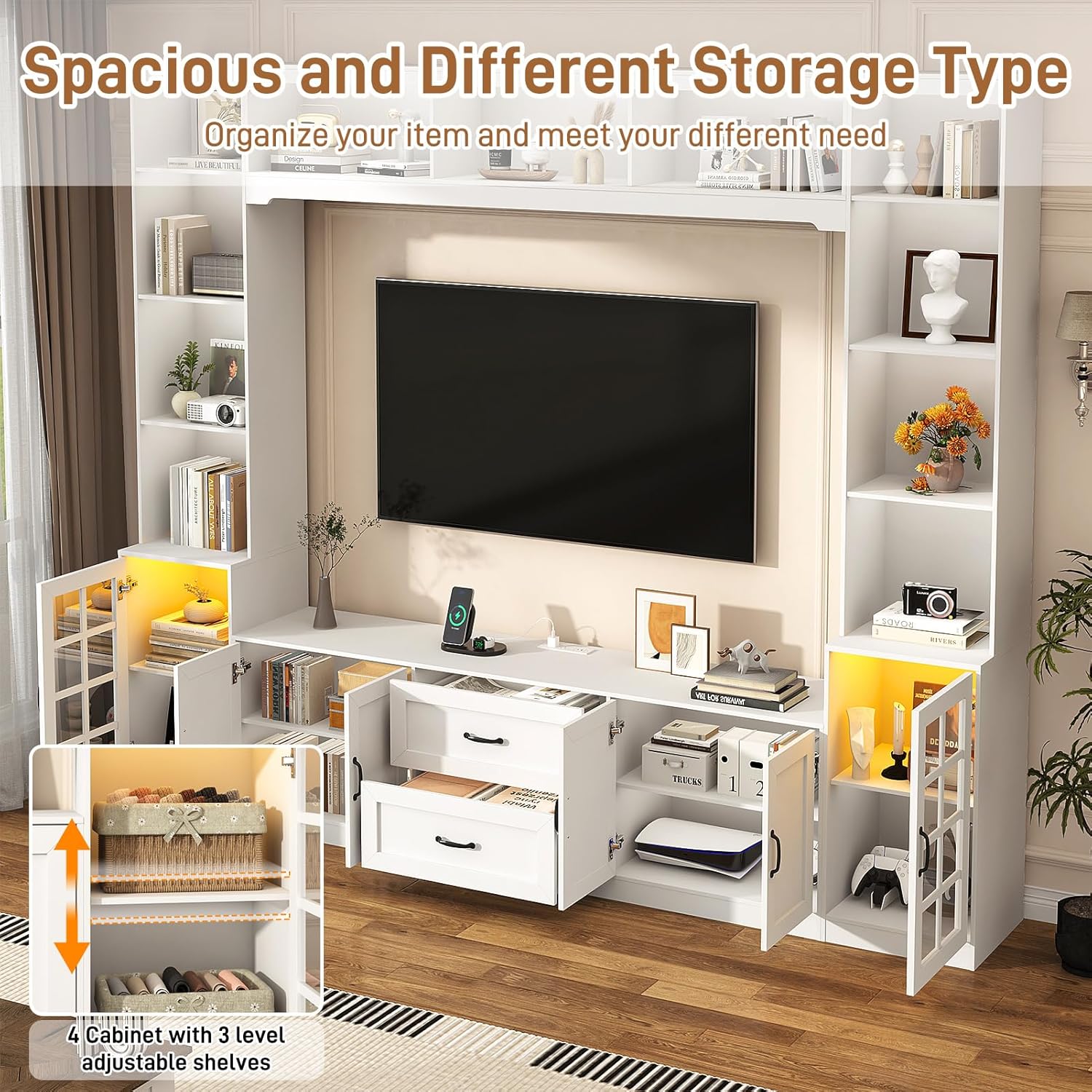 ChVans 103" W Wall Unit TV Stand with Storage for TVs up to 80", Modern TV Console with LED Lights, Entertainment Center with Bookshelves for Living Room