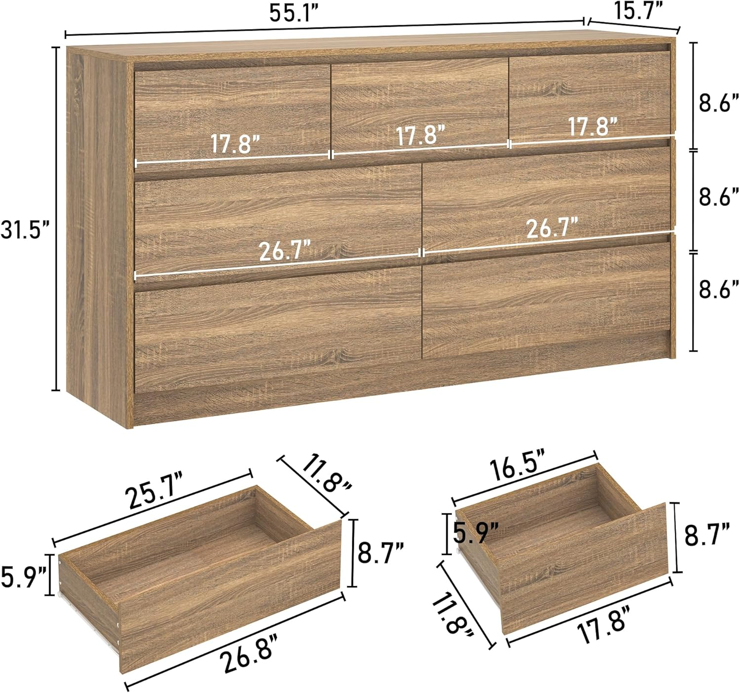 ChVans 7 Drawer Black Dresser for Bedroom, 55" Modern High Gloss Dresser with 7 Drawers, Large Wood Chest of Drawer Handle Free, Long Dresser for Kids Bedroom, Living Room, Entryway, Hallway