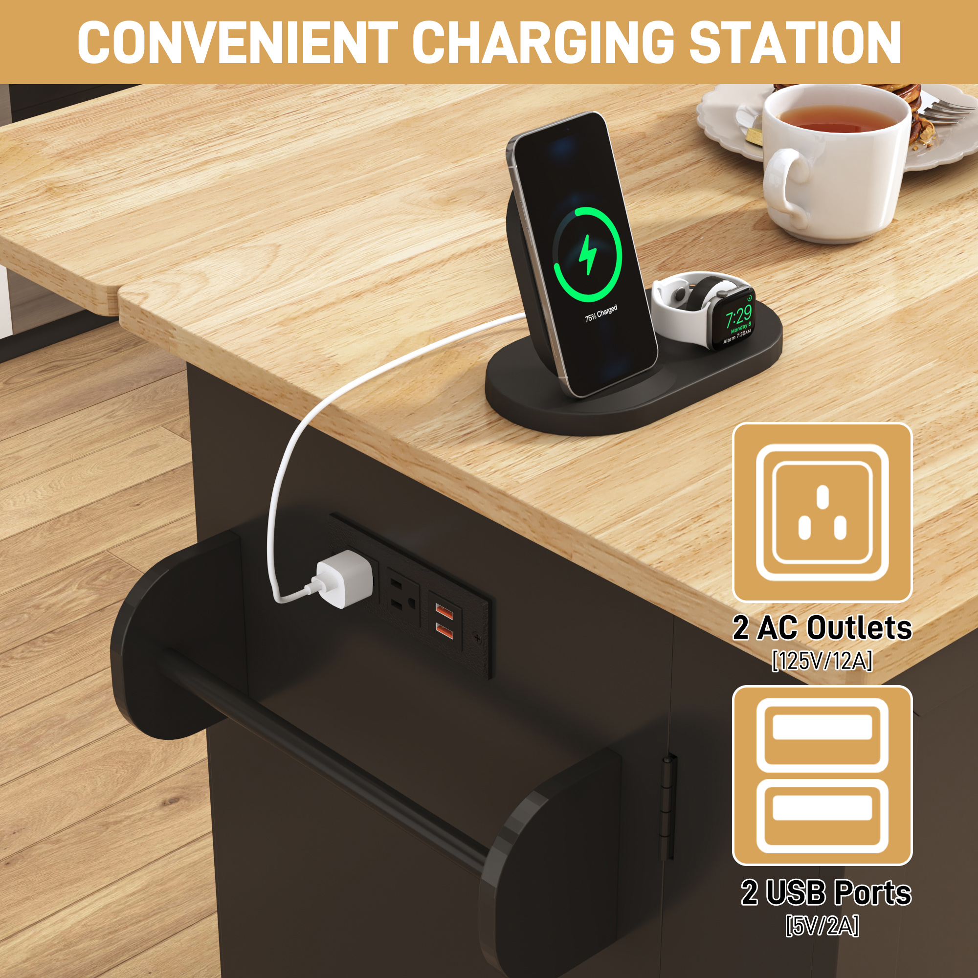 ANPOO 59'' Kitchen Island with Drop Leaf&Trash Can Storage, Mobile Rolling Cart with Large Capacity Storage Cabinet, 2 Drawer, Towel Rack, Spice Rack, Rubber wood Top, Lockable Casters, Power Outlet