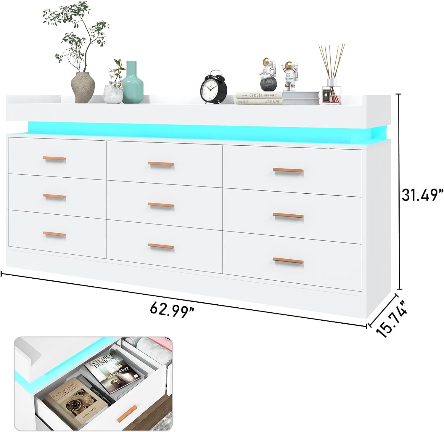 ChVans Black Dresser with LED Light, Modern Wood Dresser with Wide Drawers and Metal Handles, 9 drawer dresser for Bedroom, Living Room, Entryway, Hallway