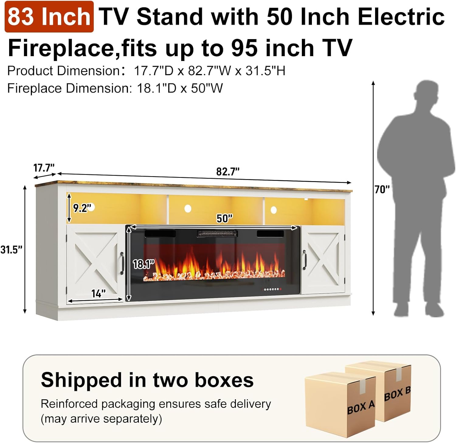 ChVans 83" Fireplace TV Stand for TVs up to 95" with 50" Electric Fireplace, Farmhouse Entertainment Center with LED, Wooden Media Console for Living Room, Bedroom