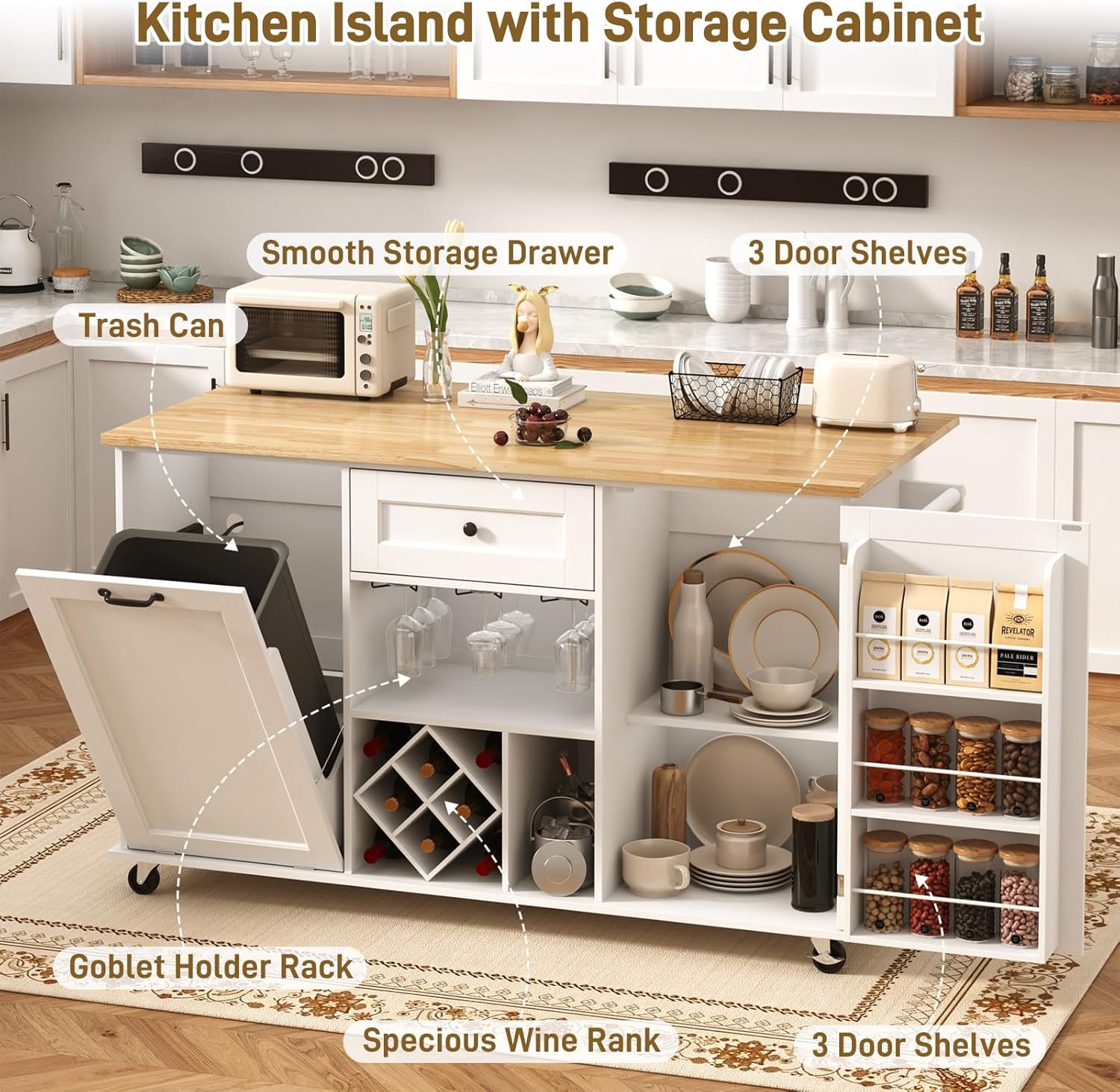 ChVans 59" Kitchen Island On Wheels, Rolling Kitchen Island Cart with Drop Leaf Countertop, Portable Mobile Kitchen Island with Towel Rack, Spice Rack Shelf and Lockable Wheels