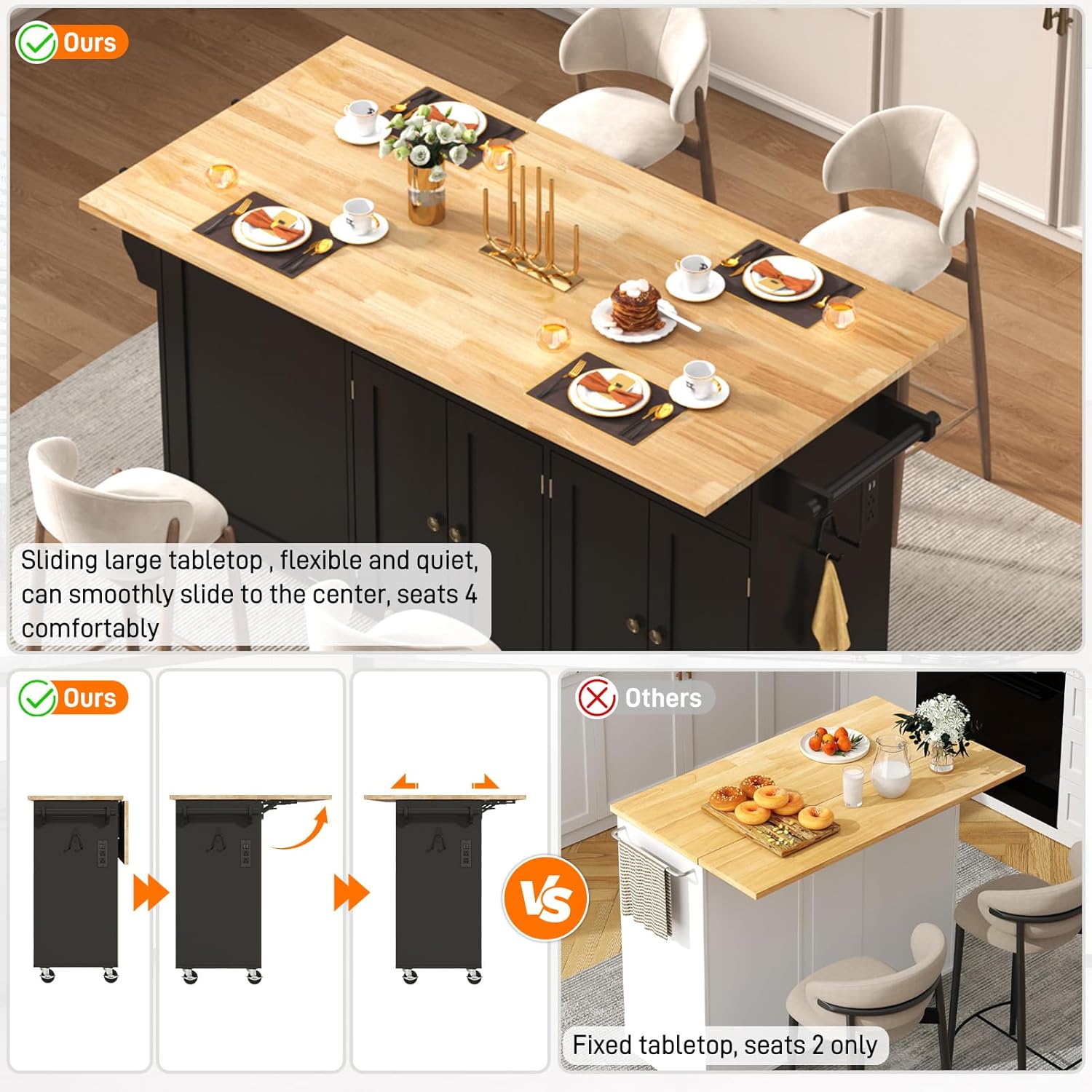 ANPOO 67" Rolling Kitchen Island with Drop Leaf, Tilt Out Kitchen Trash Cabinet 10 Gallon Storage, Kitchen Cart Island with Rubber wood Top, Spice Rack and Drawers