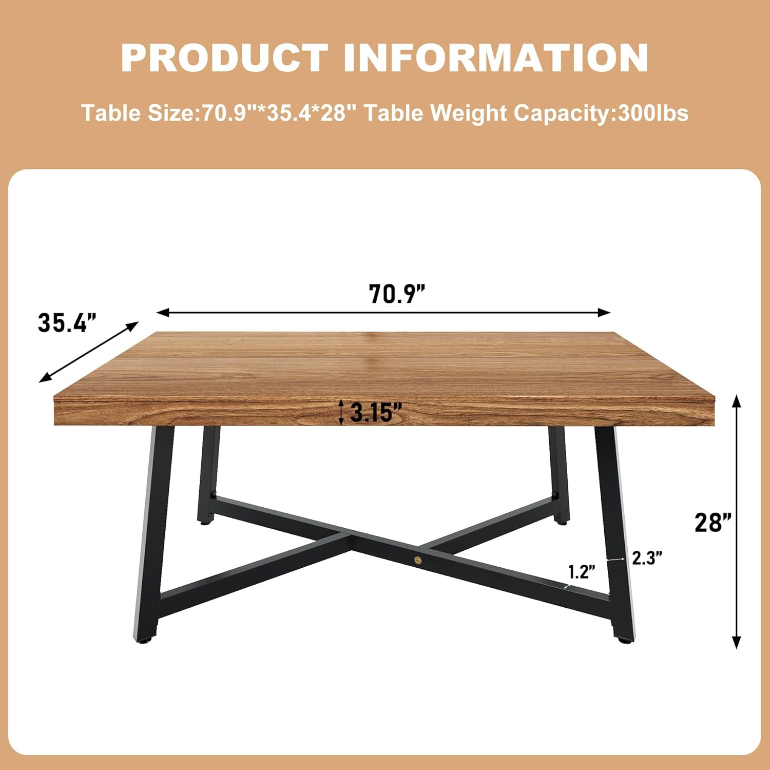 ChVans 71 Inch Farmhouse Dining Table for 4-8 People, Large Kitchen Table with Adjustable Heavy Duty Metal Leg, Rectangular Dining Table for Gathering, Kitchen, Dining Living Room