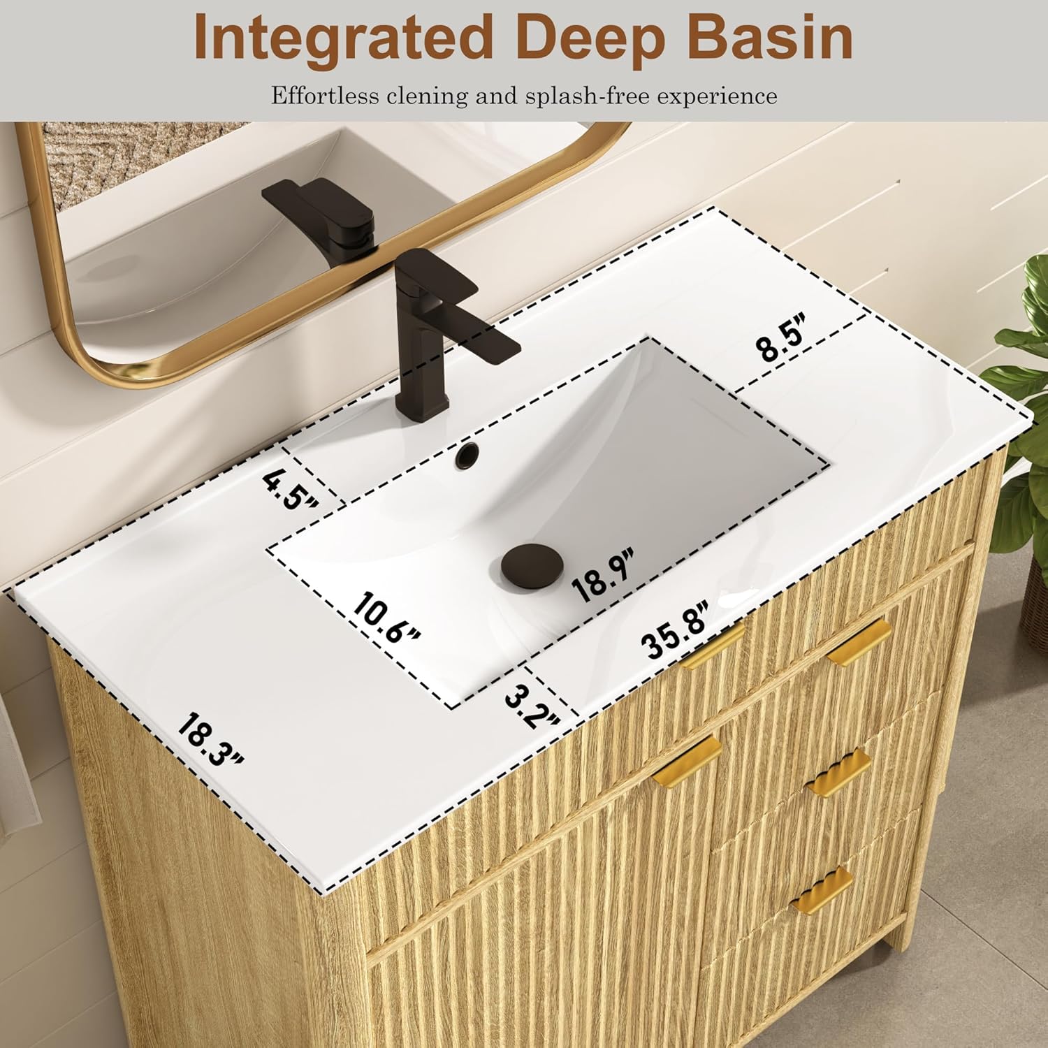 ANPOO 36" Bathroom Vanity with Sink & Faucet & Sewer Pipes, Mid-Century Modern Vanity with Ceramic Basin and Fluted Soft-Close Doors, Freestanding Bath Storage Vanity Sink Combo Set