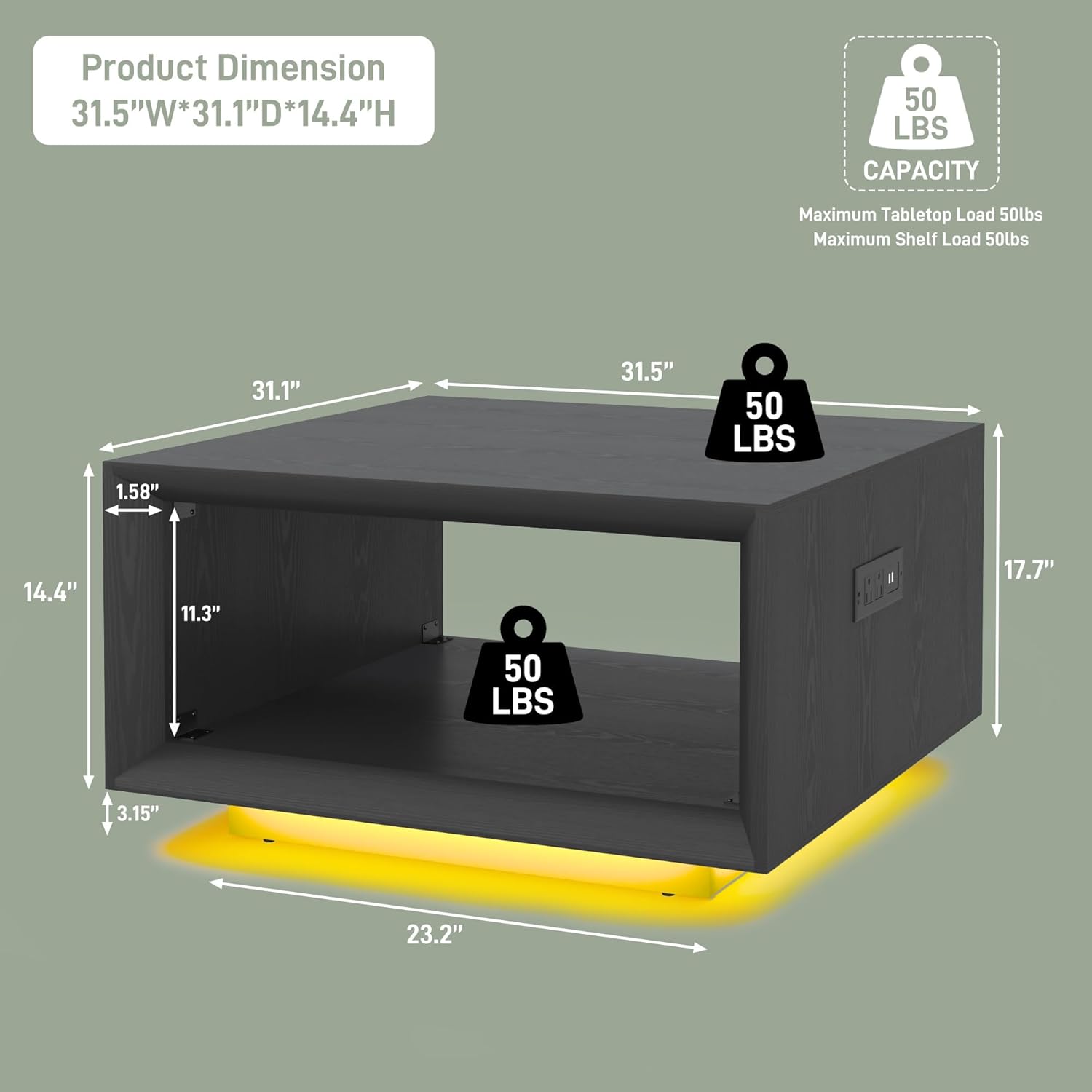 ANPOO 32" Mid Century Modern Square Coffee Table with LED Light & Power Outlet, 2-Tier Wood Cocktail Table with Storage for Living Room