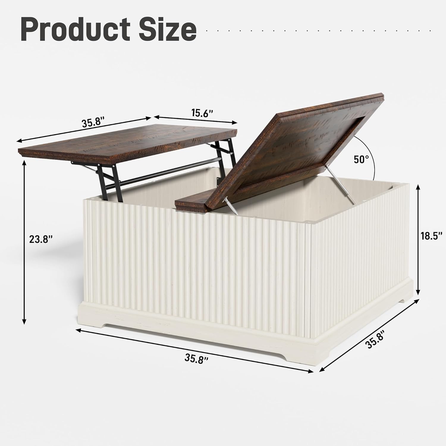 ANPOO Farmhouse Lift Top Coffee Table with Hidden Large Storage, 35.8 Inch Fluted Wood Square Center Table for Living Room, Bedroom, Home Office