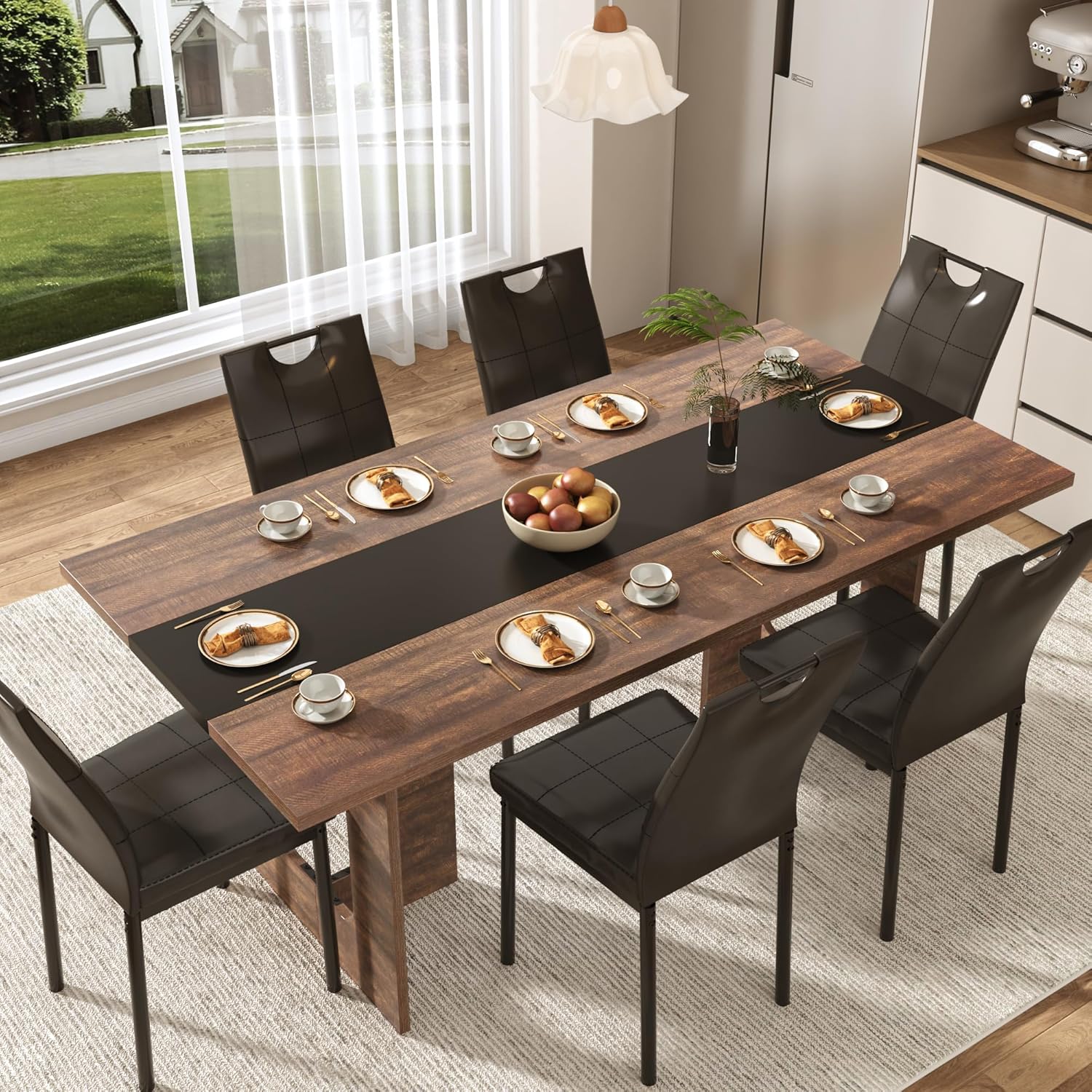 ANPOO 7 Piece Dining Table Set with 6 Chairs, 71" Kitchen Table & Chairs Set for 4-8 People, Rectangle Dining Table with Wooden Legs for Dining Room, Living Room