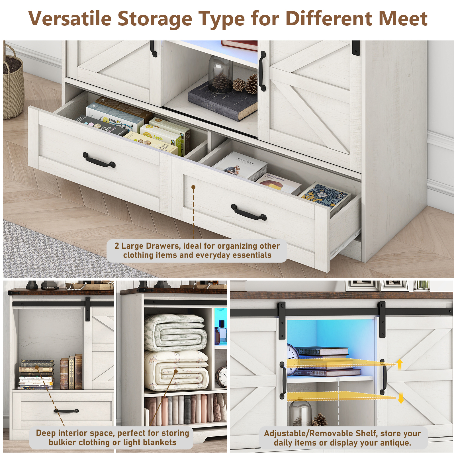 ChVans 47'' Farmhouse Dresser with LED Light & Power Outlet, 2 Drawers, 2 Sliding Doors, 2 Storage layers, Rustic Dresser TV Stand for 60in TV, Wood Storage Cabinet for Bedroom, Living Room, Hallway