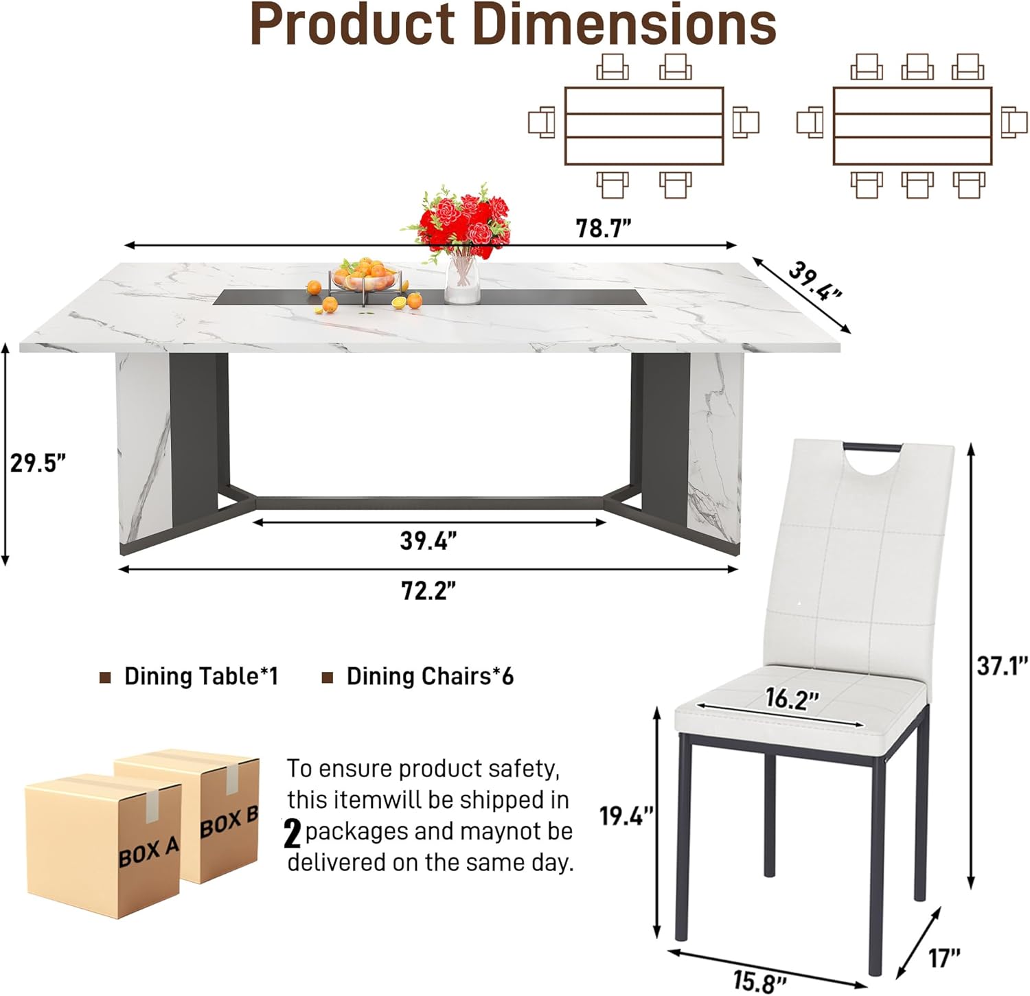 ANPOO 7-Piece Kitchen Dining Set for 4-8 People, 71" Rectangle Waterproof Wooden Table with 6 Chairs, Easy Clean Farmhouse Dining Table for Dining Room & Kitchen
