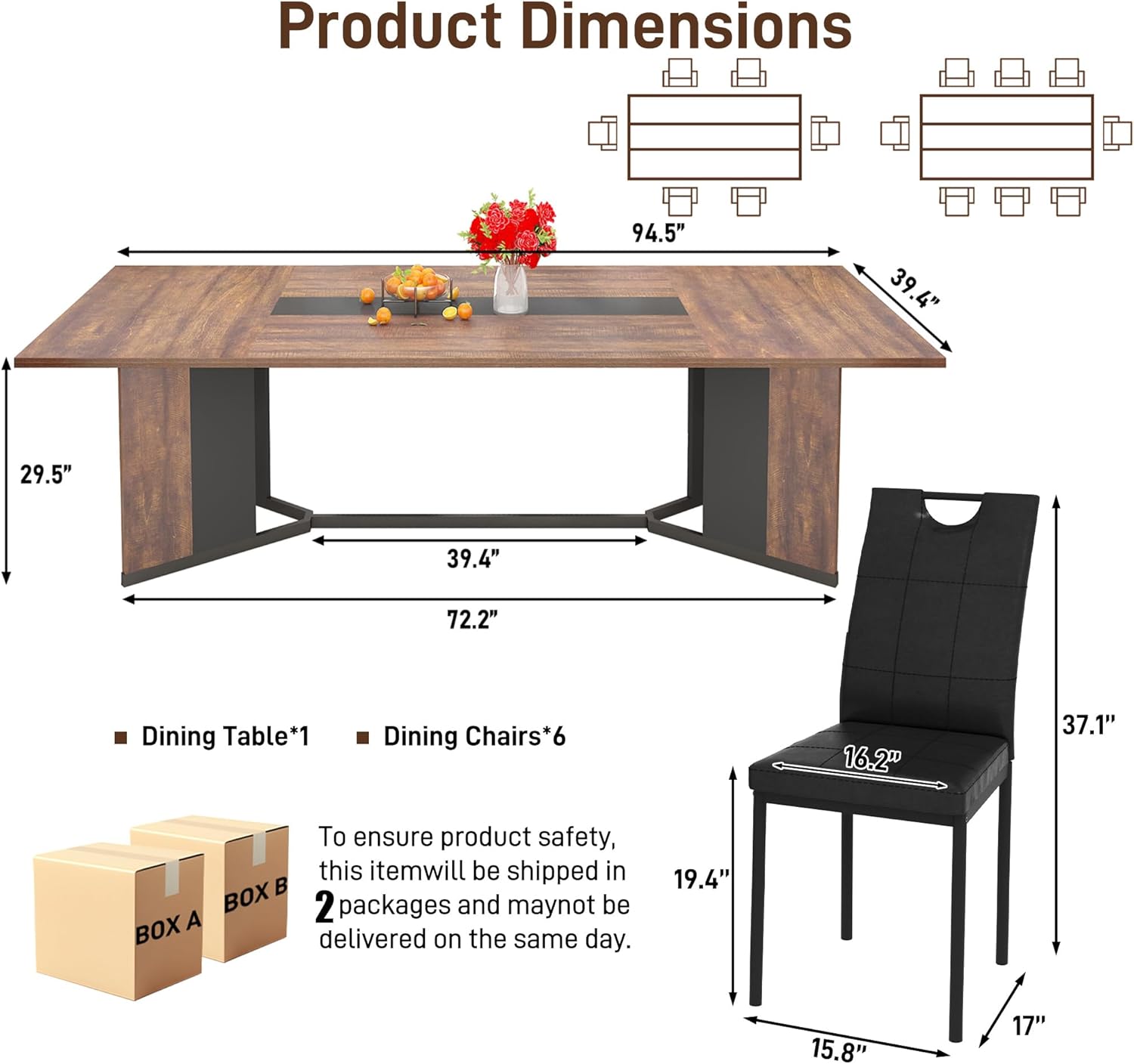 ANPOO 7-Piece Kitchen Dining Set for 4-8 People, 71" Rectangle Waterproof Wooden Table with 6 Chairs, Easy Clean Farmhouse Dining Table for Dining Room & Kitchen