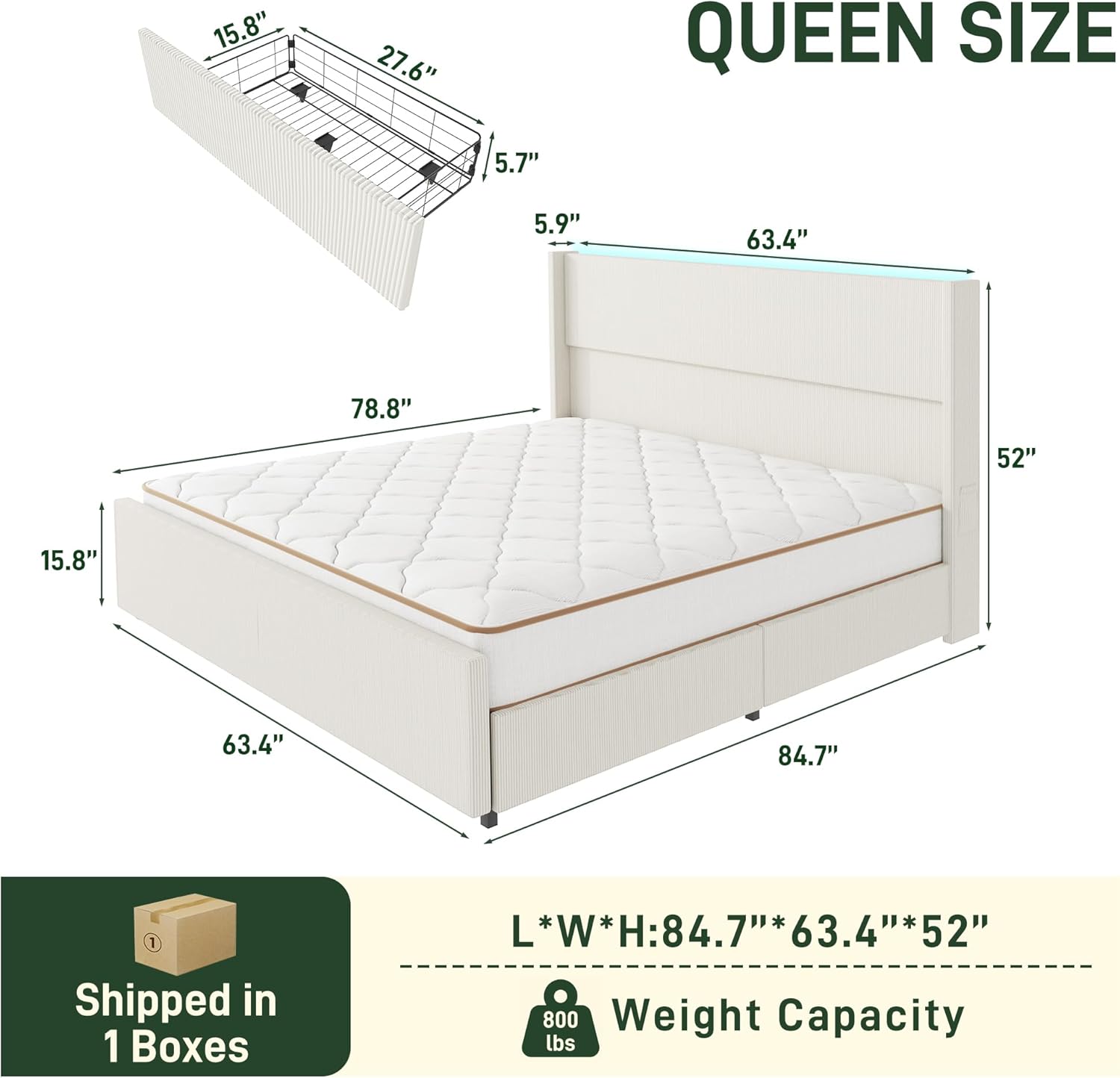 ANPOO Queen Size LED Upholstered Bed Frame with Drawer, Wingback Platform Bed Frame with 52" Headboard & Footboard, Corduroy Bed Frame No Box Spring Needed/Noise Free