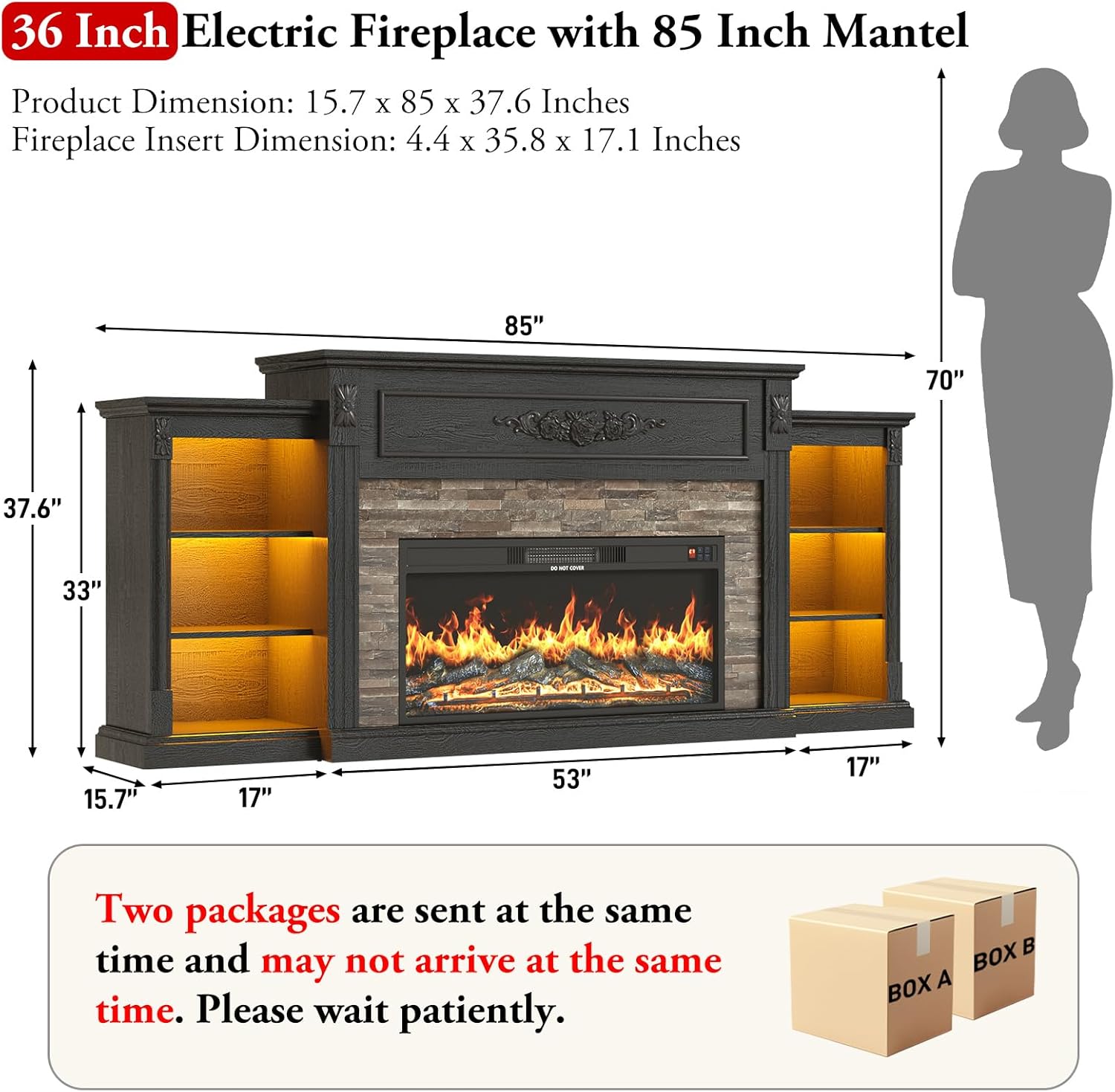 ANPOO 85" Electric Fireplace with Mantel, Fireplace TV Stand with 36" Fireplace for TVs Up to 95 Inch, 37.6" Tall Farmhouse Entertainment Center with LED Lights & Charging Station, Carved Decoration