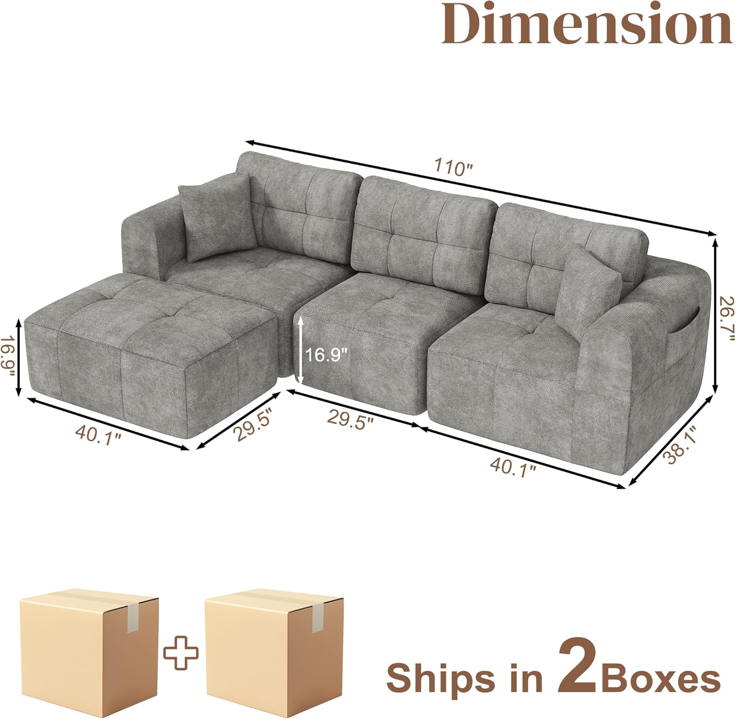 ChVans 110" L-Shaped Sectional Sofa with Convertible Left/Right Ottoman, Boneless Sofa with Oversized Chaise & Layered Cushion, Upholstered Couches for Living Room Bedroom, No Assembly