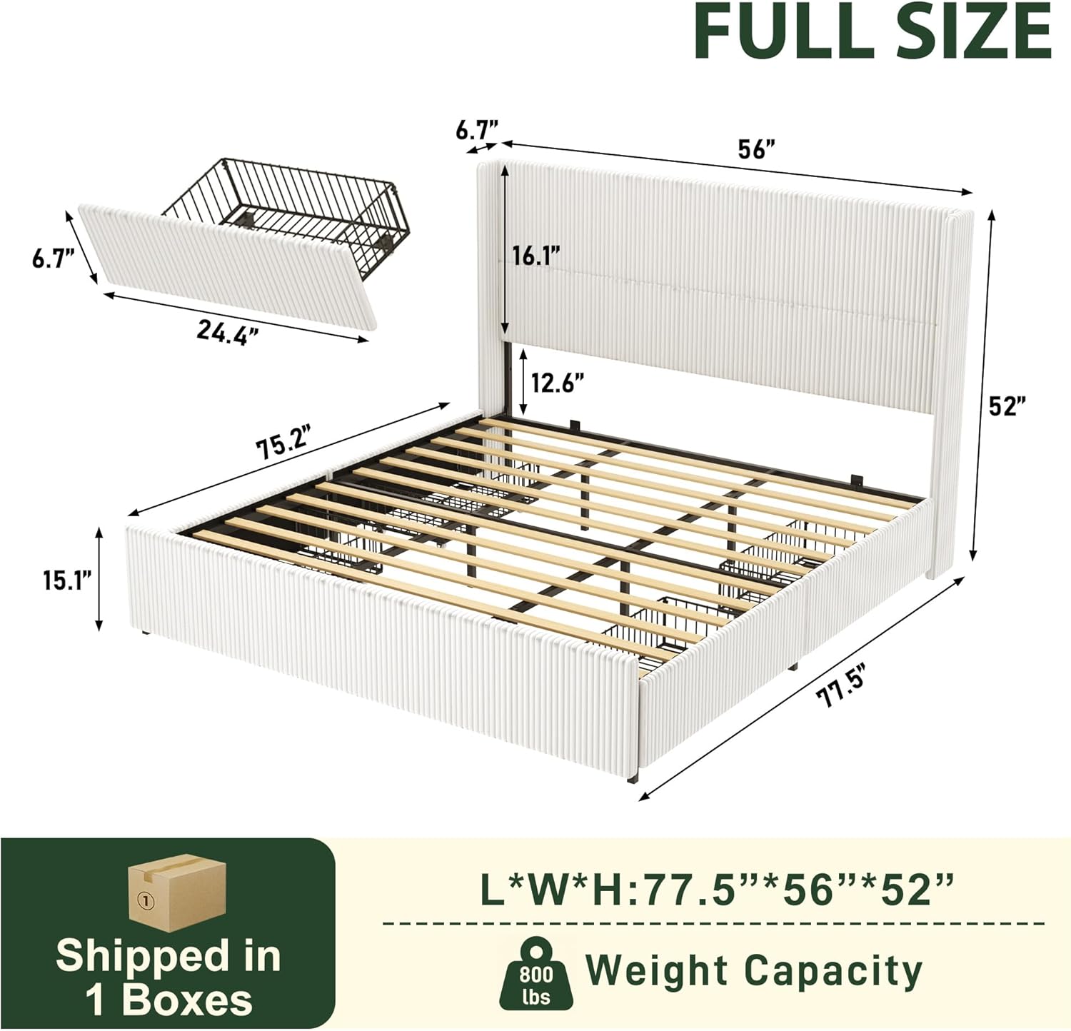 ChVans King Size LED Upholstered Bed Frame with Drawer, Wingback Platform Bed with 52" Headboard, Noise-Free Corduroy Bed No Box Spring Required