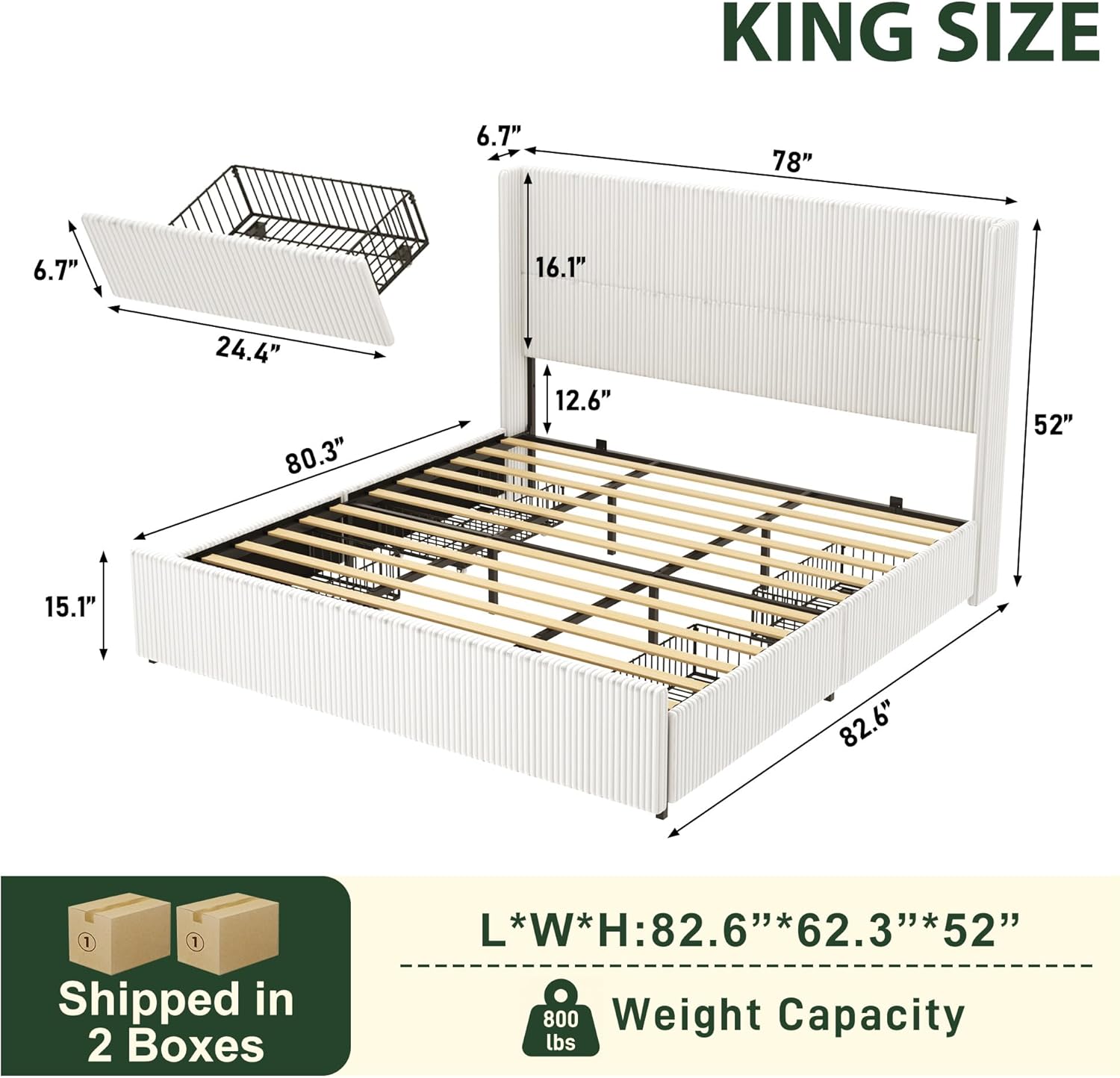 ChVans King Size LED Upholstered Bed Frame with Drawer, Wingback Platform Bed with 52" Headboard, Noise-Free Corduroy Bed No Box Spring Required