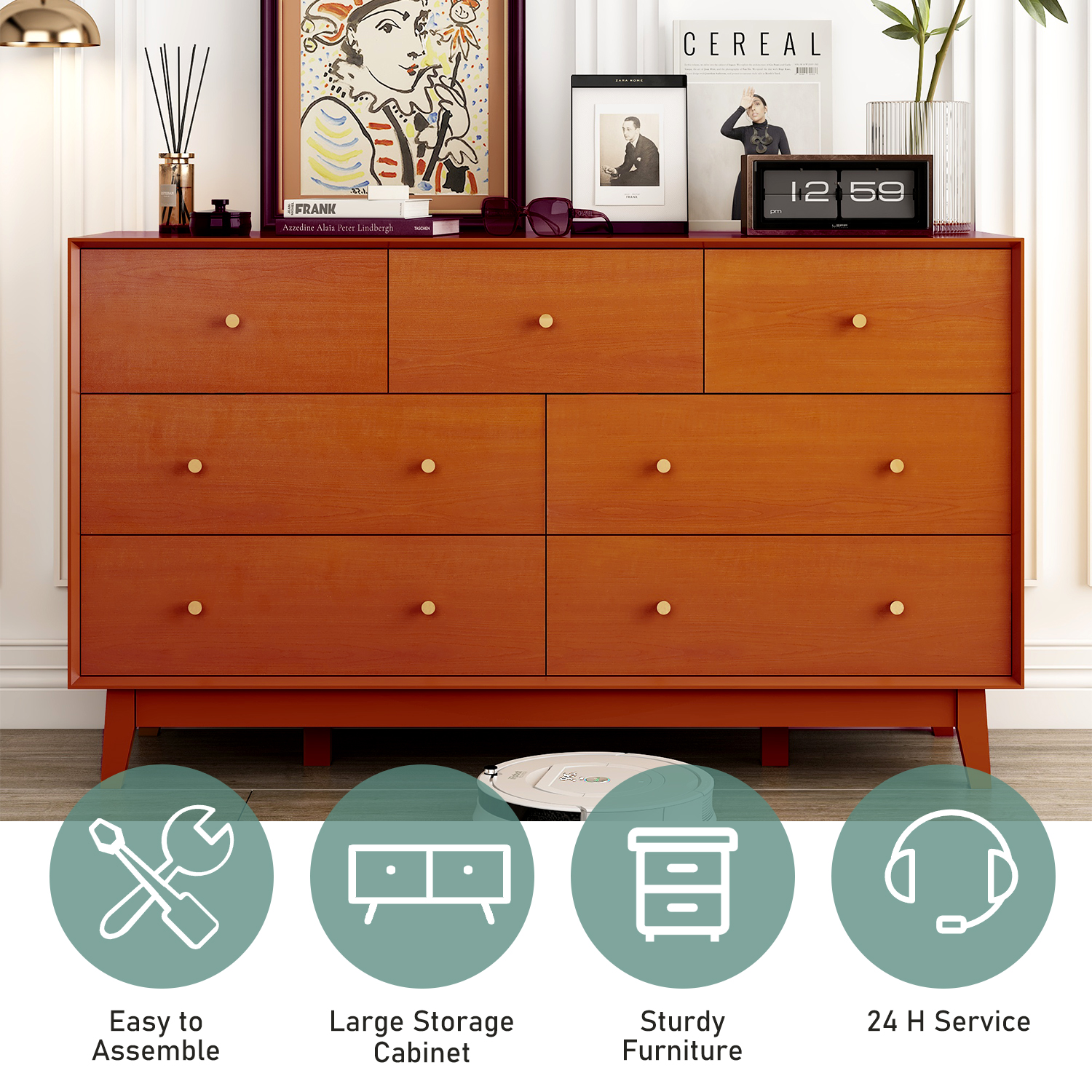 ChVans 7 Drawer Dresser for Bedroom, Wood Dressers with Metal Handles, Storage Cabinet Dressers for Bedroom, Hallway, Kids Room, Entryway, Hallway