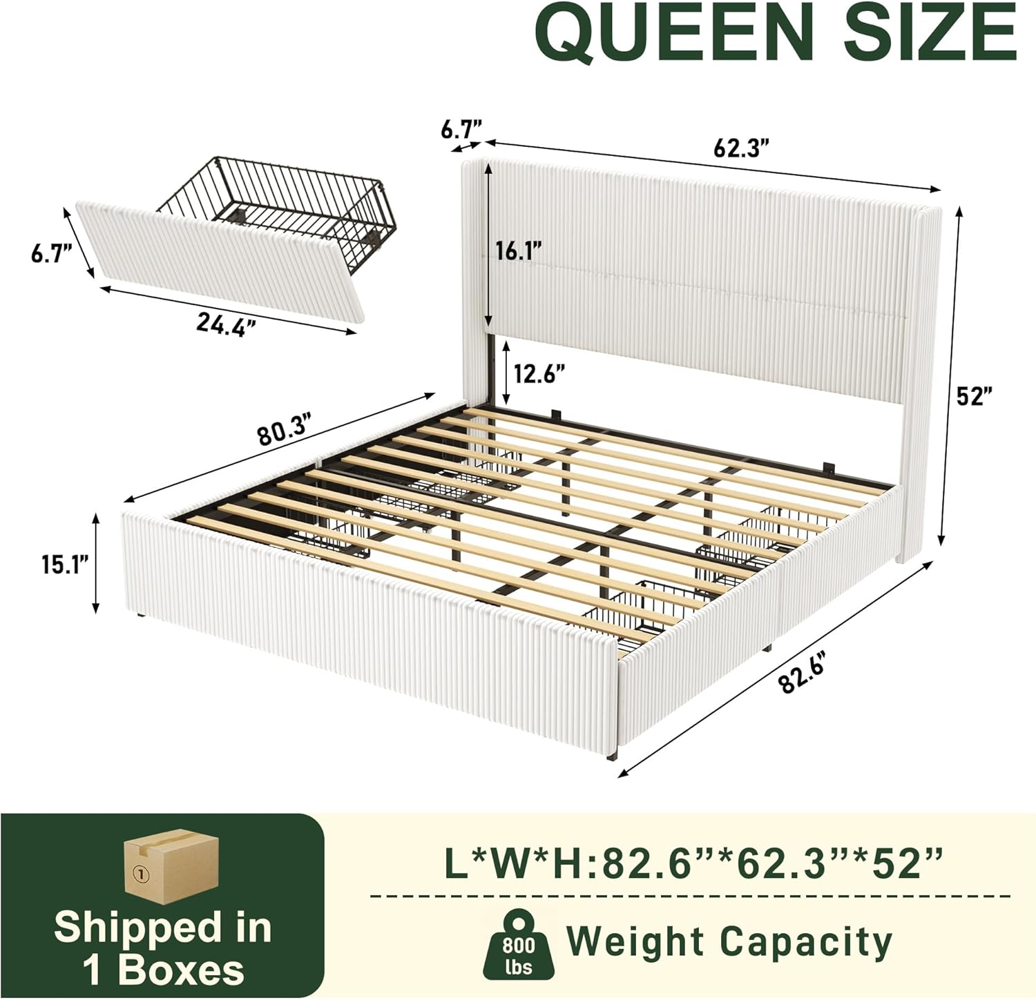 ChVans King Size LED Upholstered Bed Frame with Drawer, Wingback Platform Bed with 52" Headboard, Noise-Free Corduroy Bed No Box Spring Required