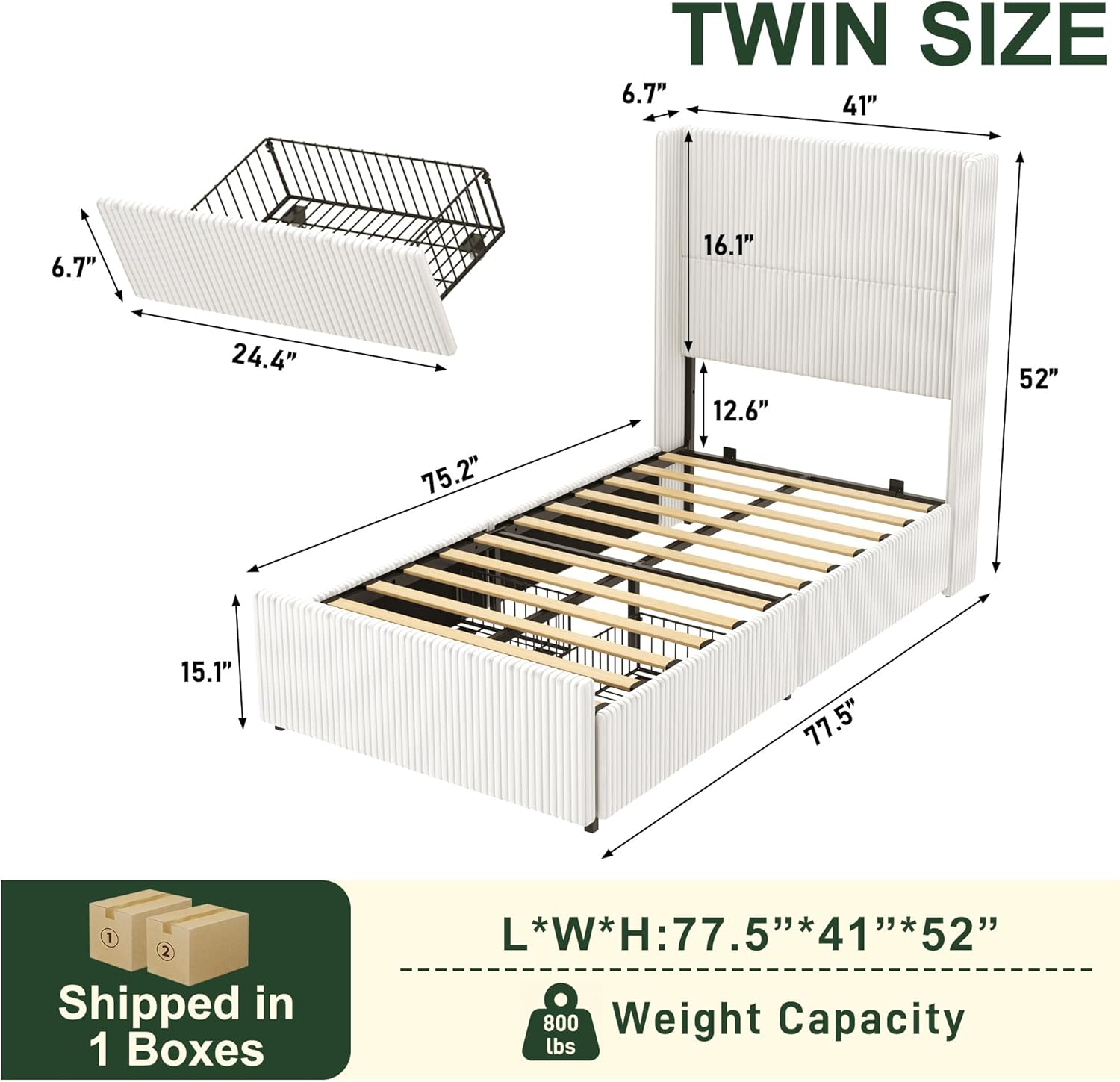 ChVans King Size LED Upholstered Bed Frame with Drawer, Wingback Platform Bed with 52" Headboard, Noise-Free Corduroy Bed No Box Spring Required