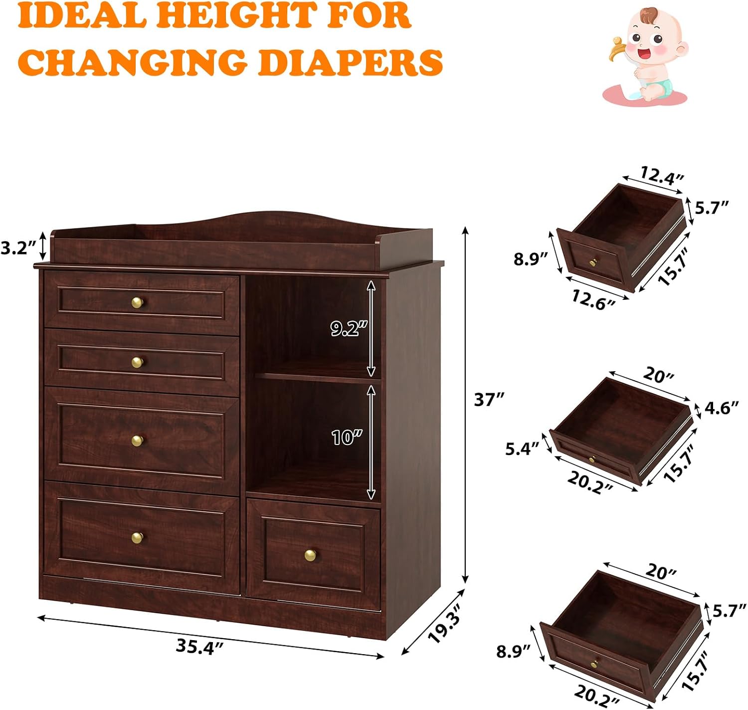 ChVans Changing Table Dresser, Baby Classic Nursery Dresser with 5 Drawers & Open Storage Shelves, Convertible Nursery Dresser Chest of Drawers