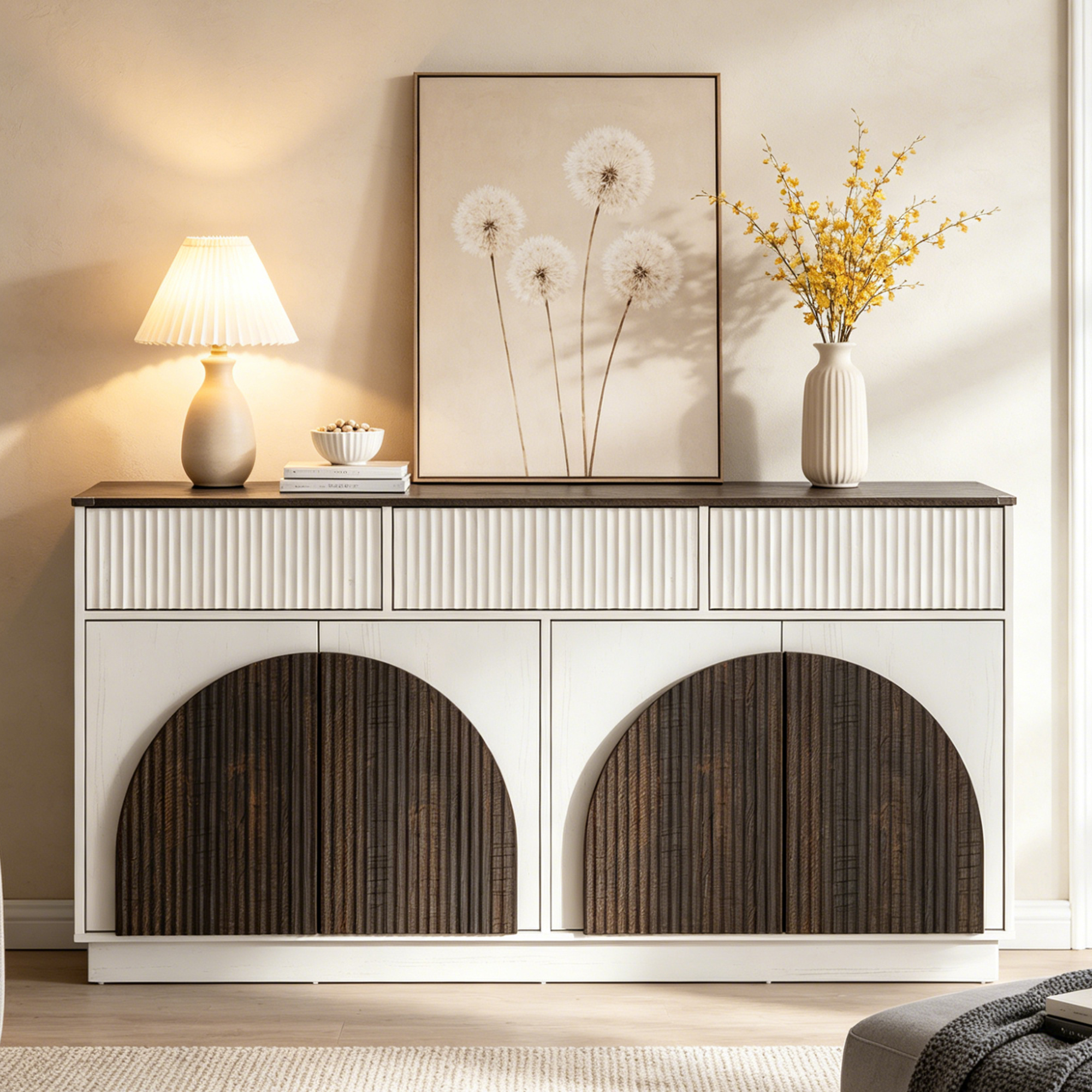 Aphthongs Modern Fluted Sideboard Cabinet, 65" W Symmetrical Arc Accent Sideboard Buffet Cabinet with Storage & 3 Drawers, Fluted Buffet Cabinet, Credenza, Wood Mid Century Cabinet