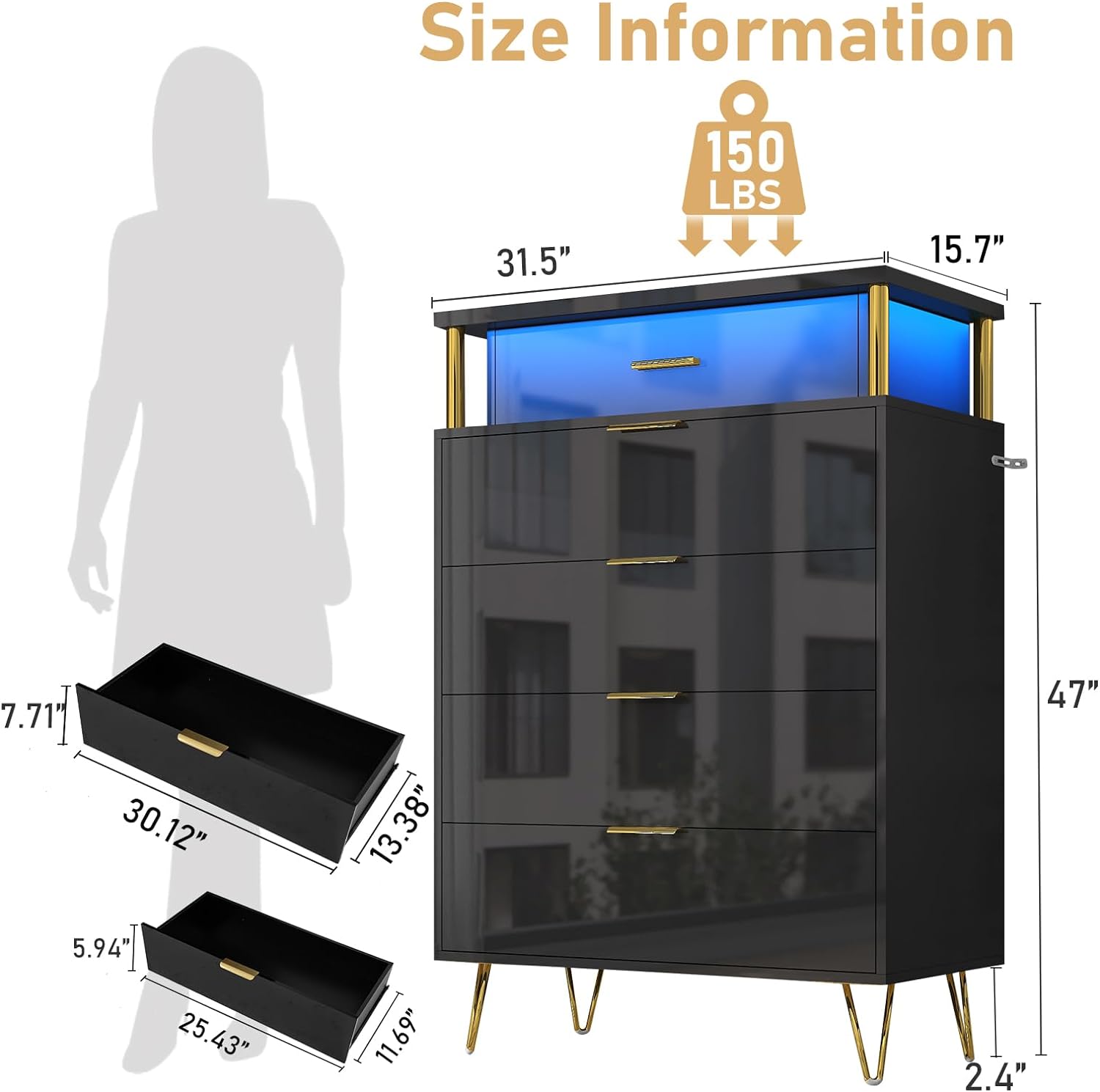 ChVans Black Dresser with LED Lights for Bedroom, Black Tall Closet Storage 5 Drawer Dresser, Chest of Drawers for Bedroom, Living Room, Hallway