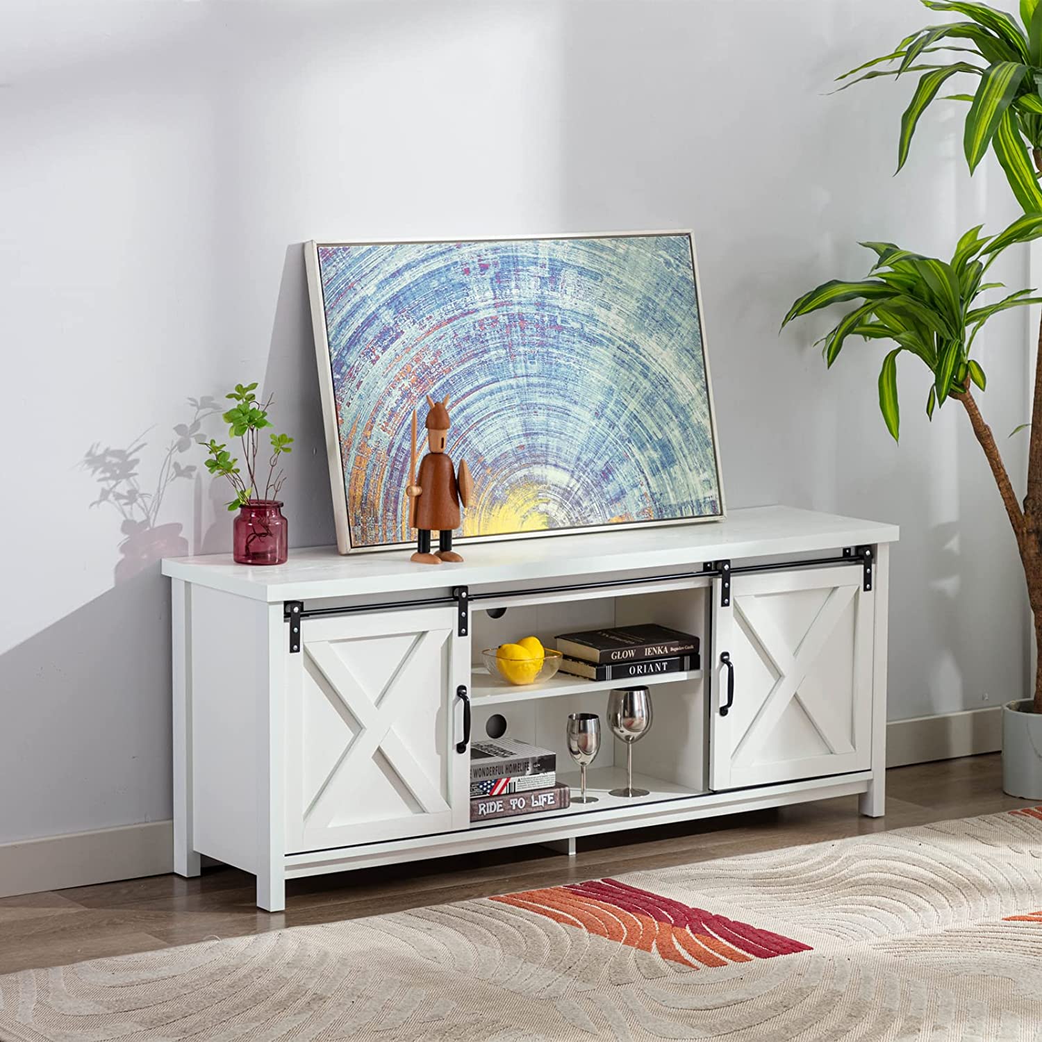 58" Farmhouse Sliding Barn Door TV Stand for TVs up to 65" Television Cabinet(Dark gray), Wood, Metal