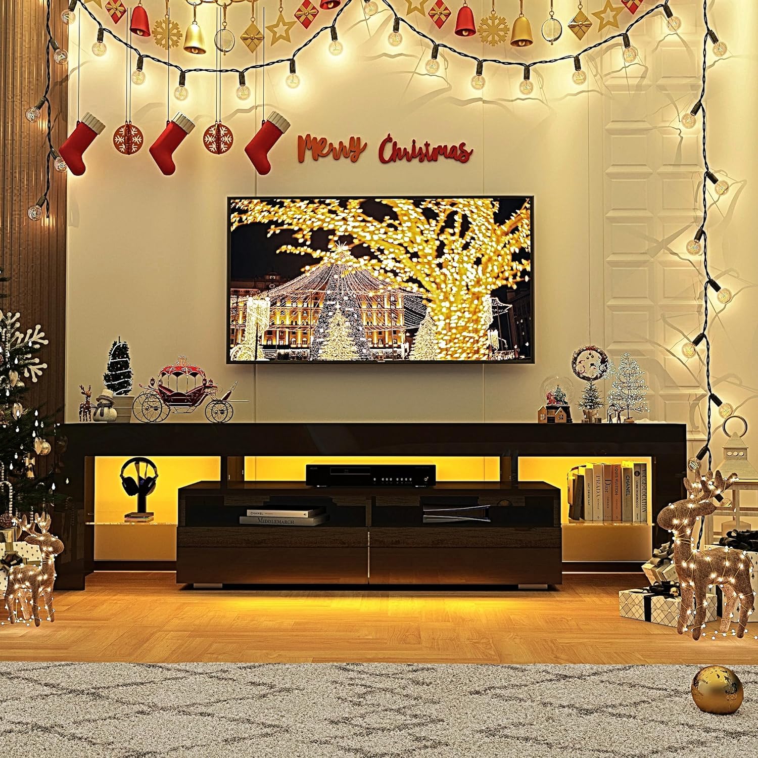 ChVans LED TV Stand for 65/75/85 inch TV, High Glossy Modern Entertainment Center with Drawer and LED Lights