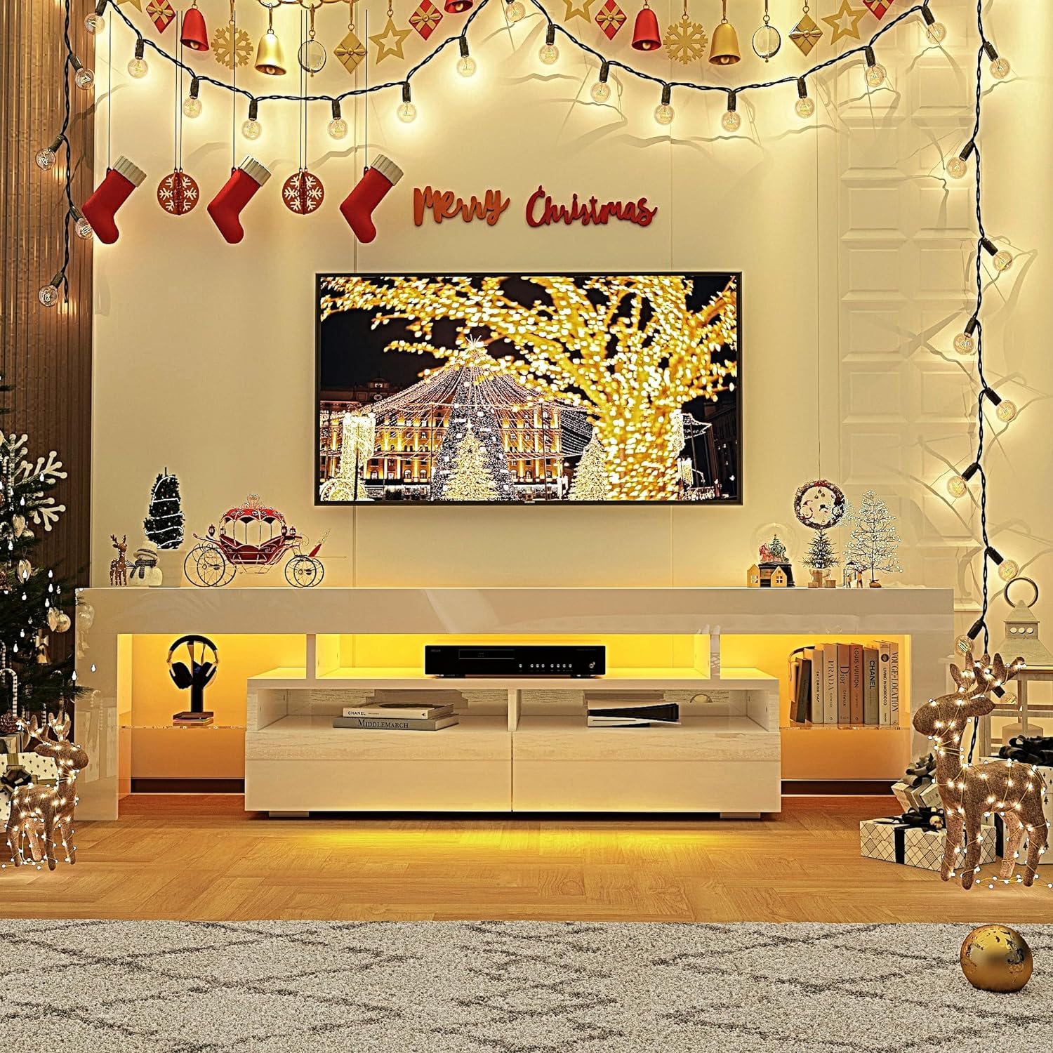 ChVans LED TV Stand for 65/75/85 inch TV, High Glossy Modern Entertainment Center with Drawer and LED Lights