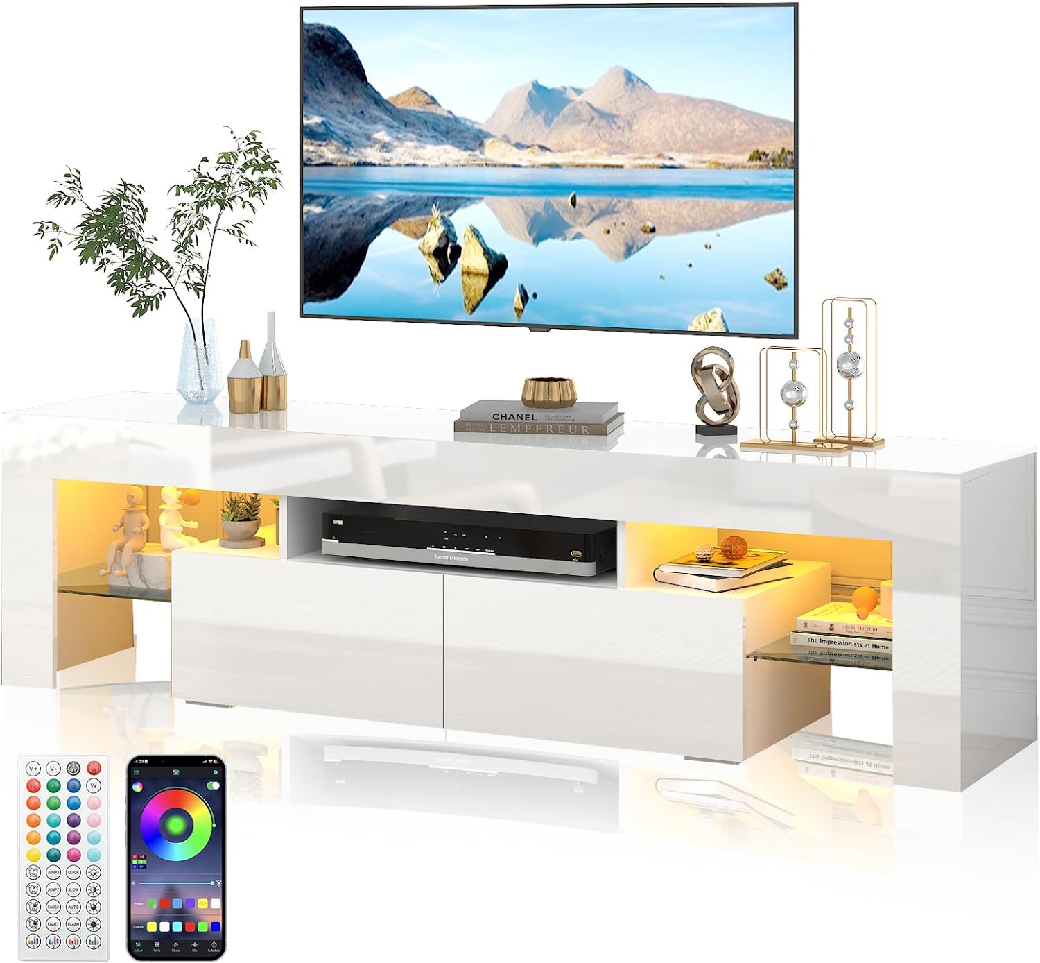 ChVans LED TV Stand for 65/75/85 inch TV, High Glossy Modern Entertainment Center with Drawer and LED Lights