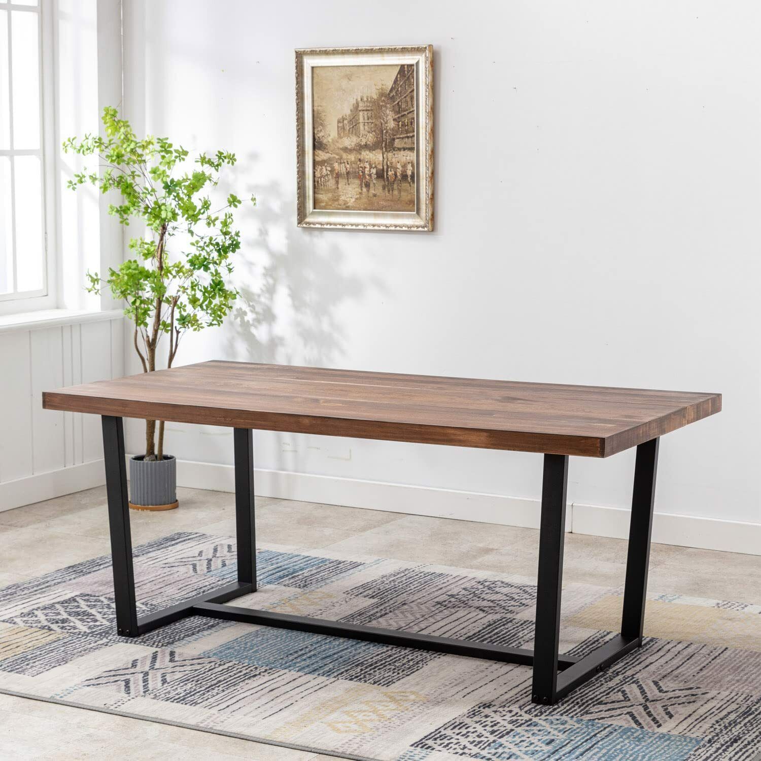 ChVans Dining Table for 4-6 Person, Rustic Farmhouse Solid Wood Dining Table with Metal Frame for Kitchen Meal(Brown-72 in Dining Table)