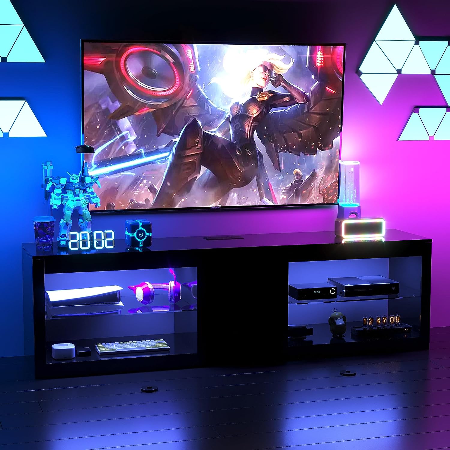 ChVans Modern LED TV Stand for TVs up to 70" with Adjustable LED Lights/Outlet, High Gloss Entertainment Center with Open Shelves Storage, Media Console TV Stands for Living Room, Game room, Bedroom