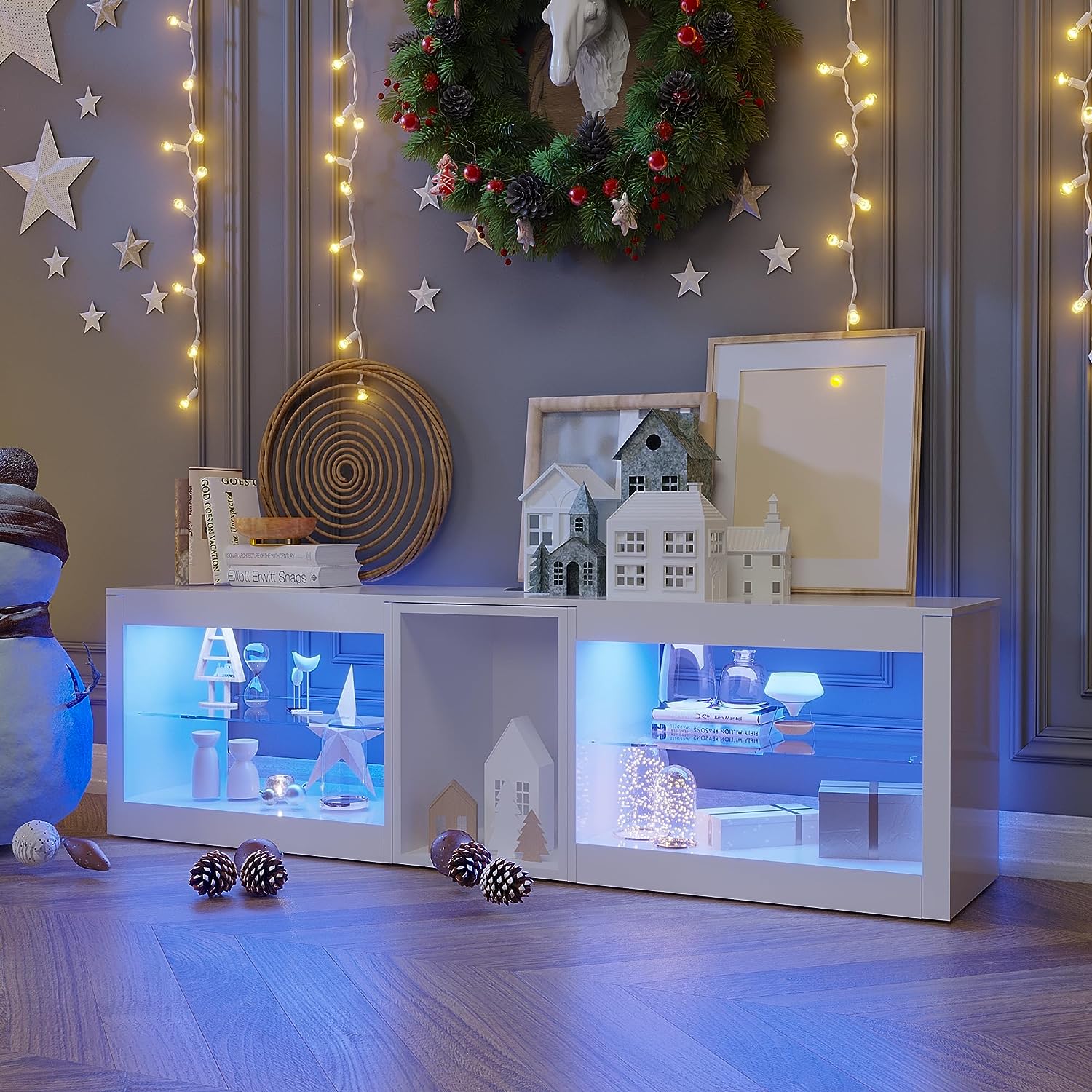 ChVans Modern LED TV Stand for TVs up to 70" with Adjustable LED Lights/Outlet, High Gloss Entertainment Center with Open Shelves Storage, Media Console TV Stands for Living Room, Game room, Bedroom