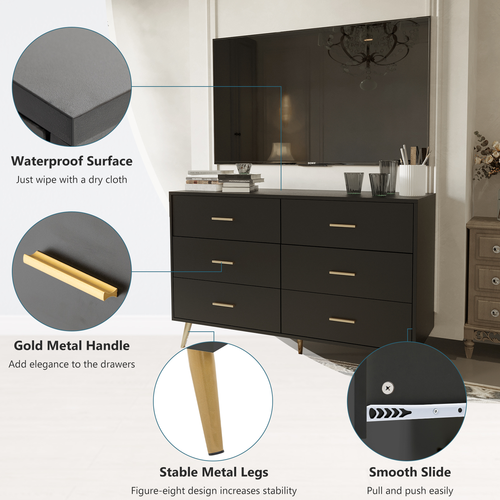 6 Drawer Dresser for Bedroom, Modern Wood Dresser with Wide Drawers and Metal Handles, Storage Chest of Drawers for Living Room Hallway Entryway