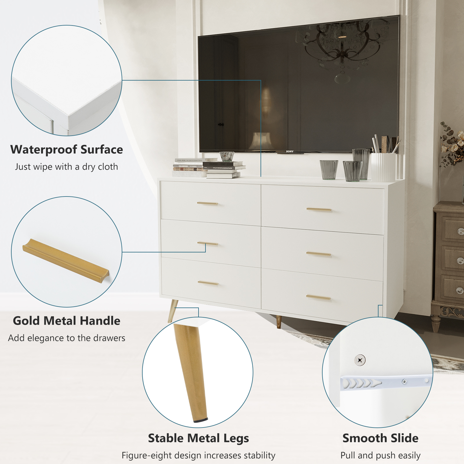 6 Drawer Dresser for Bedroom, Modern Wood Dresser with Wide Drawers and Metal Handles, Storage Chest of Drawers for Living Room Hallway Entryway