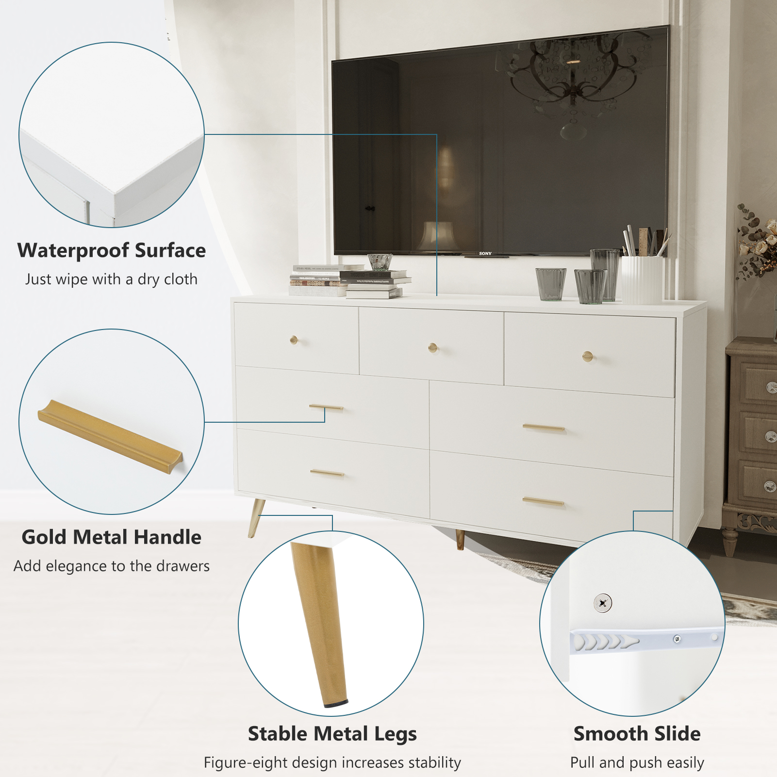 6 Drawer Dresser for Bedroom, Modern Wood Dresser with Wide Drawers and Metal Handles, Storage Chest of Drawers for Living Room Hallway Entryway