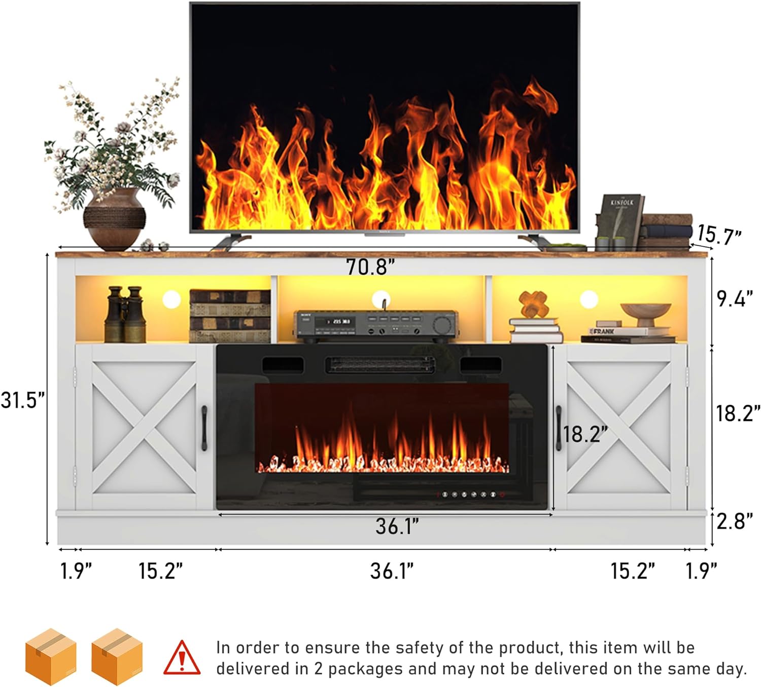 Fireplace TV Stand for 70/75/80 Inch TV with 36" Electric Fireplace, 70" Farmhouse Entertainment Center with LED Lights, Tall Media Console with Barn Door for Living Room, Bedroom