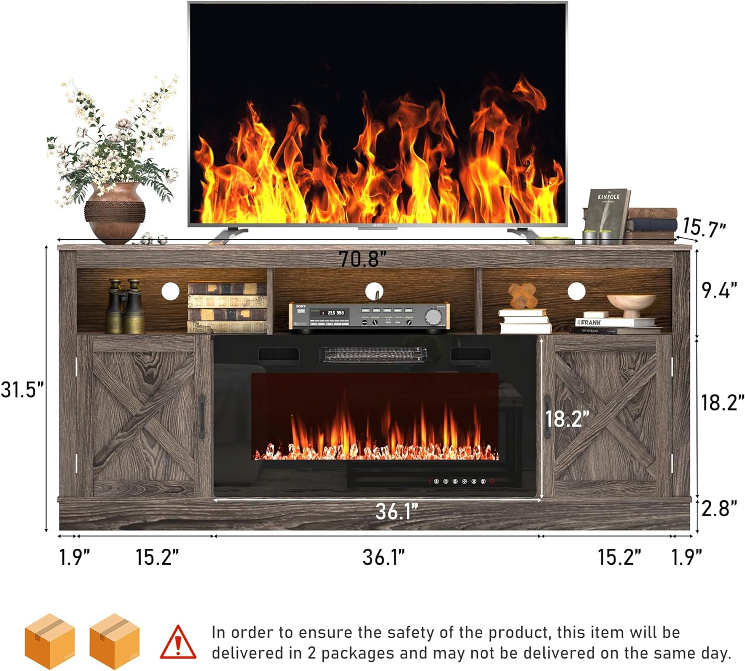 Fireplace TV Stand for 70/75/80 Inch TV with 36" Electric Fireplace, 70" Farmhouse Entertainment Center with LED Lights, Tall Media Console with Barn Door for Living Room, Bedroom