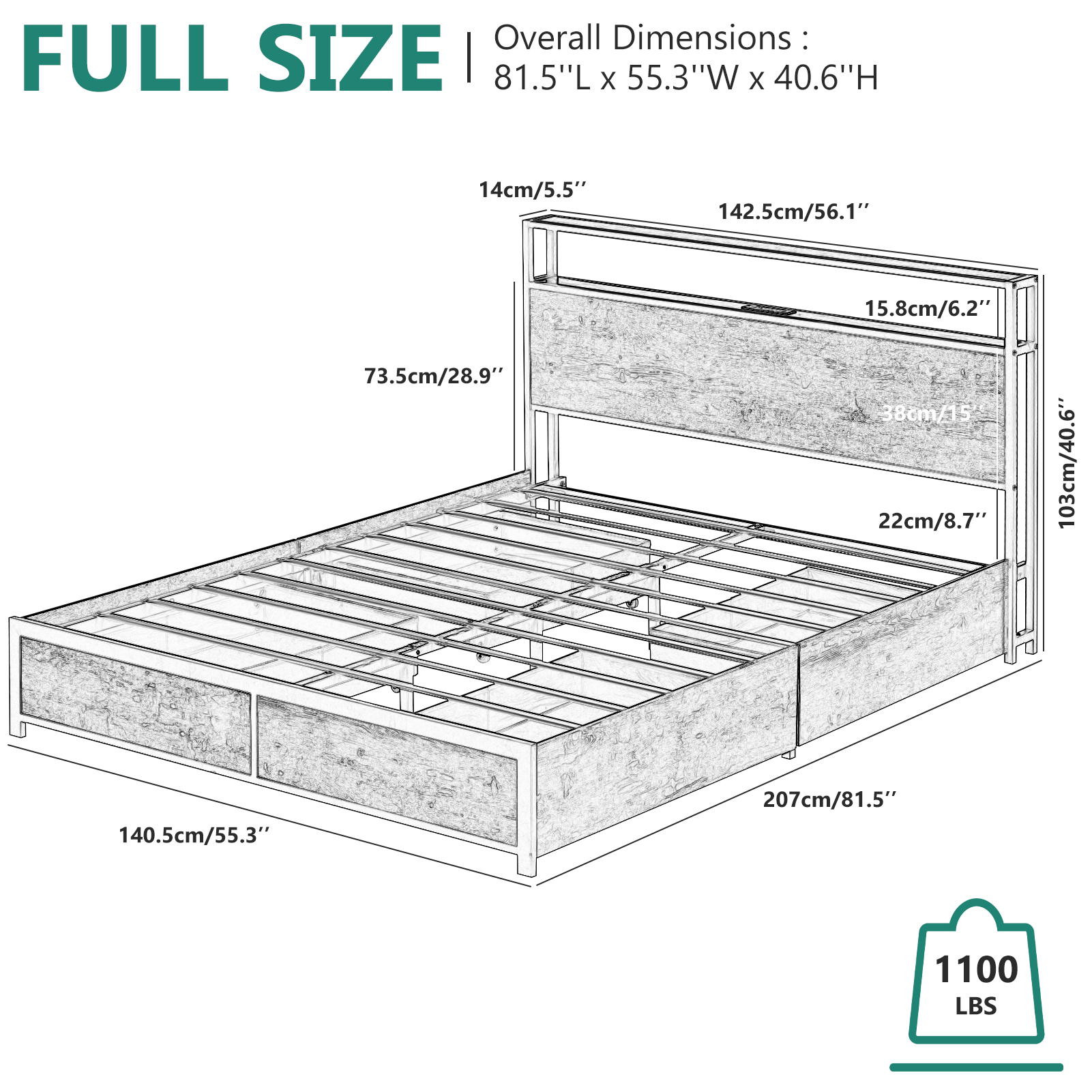 LED Bed Frame Full Size with 2 USB Ports and Outlets, Platform Metal Bed Frame with 4 Storage Drawers and Headboard, No Box Spring Needed, Noise-Free(Vintage Brown-FULL)