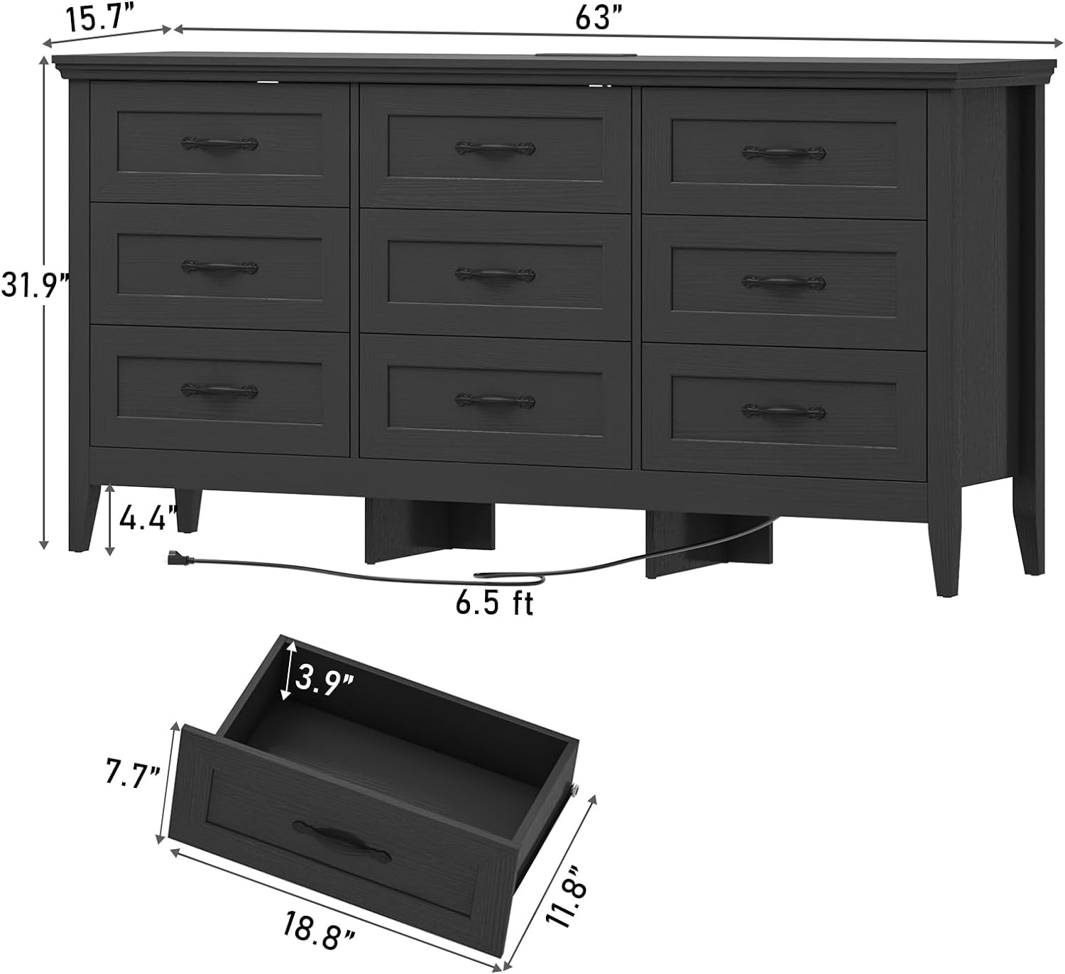 ANPOO 9 drawer dresser for Bedroom, Farmhouse Long Dresser with Charging Station and Antique Handles, Wood Chest of Drawers for Living Room, Entryway, Hallway, Hallway(Black)