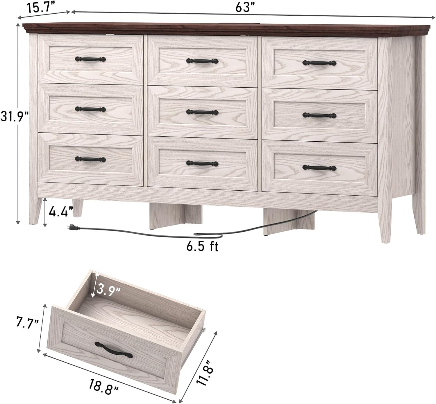 ANPOO 9 drawer dresser for Bedroom, Farmhouse Long Dresser with Charging Station and Antique Handles, Wood Chest of Drawers for Living Room, Entryway, Hallway, Hallway(Black)